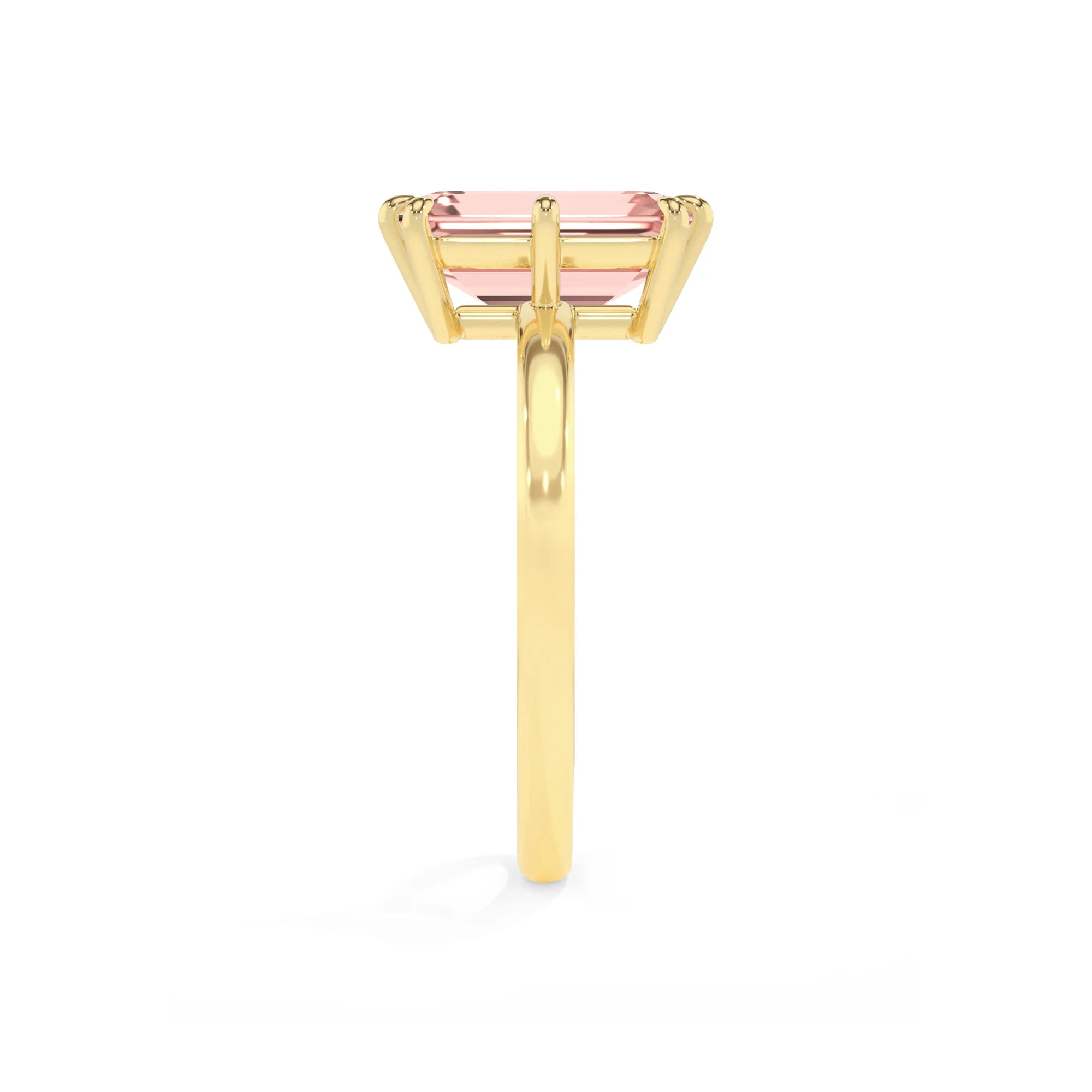 lab grown morganite emerald cut solitaire rings in yellow gold 