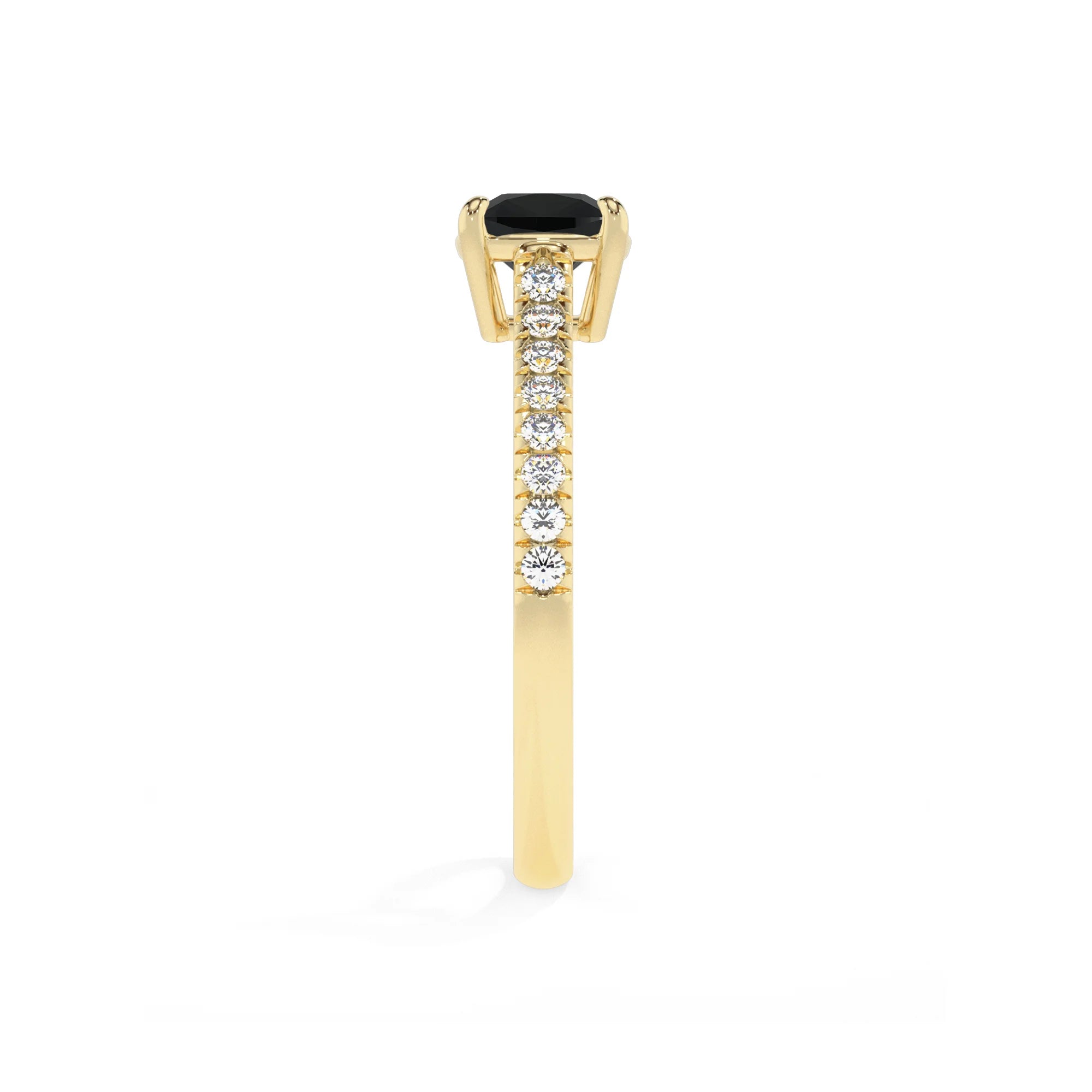 natural black-onyx cushion half eternity solitaire engagement rings in yellow gold 