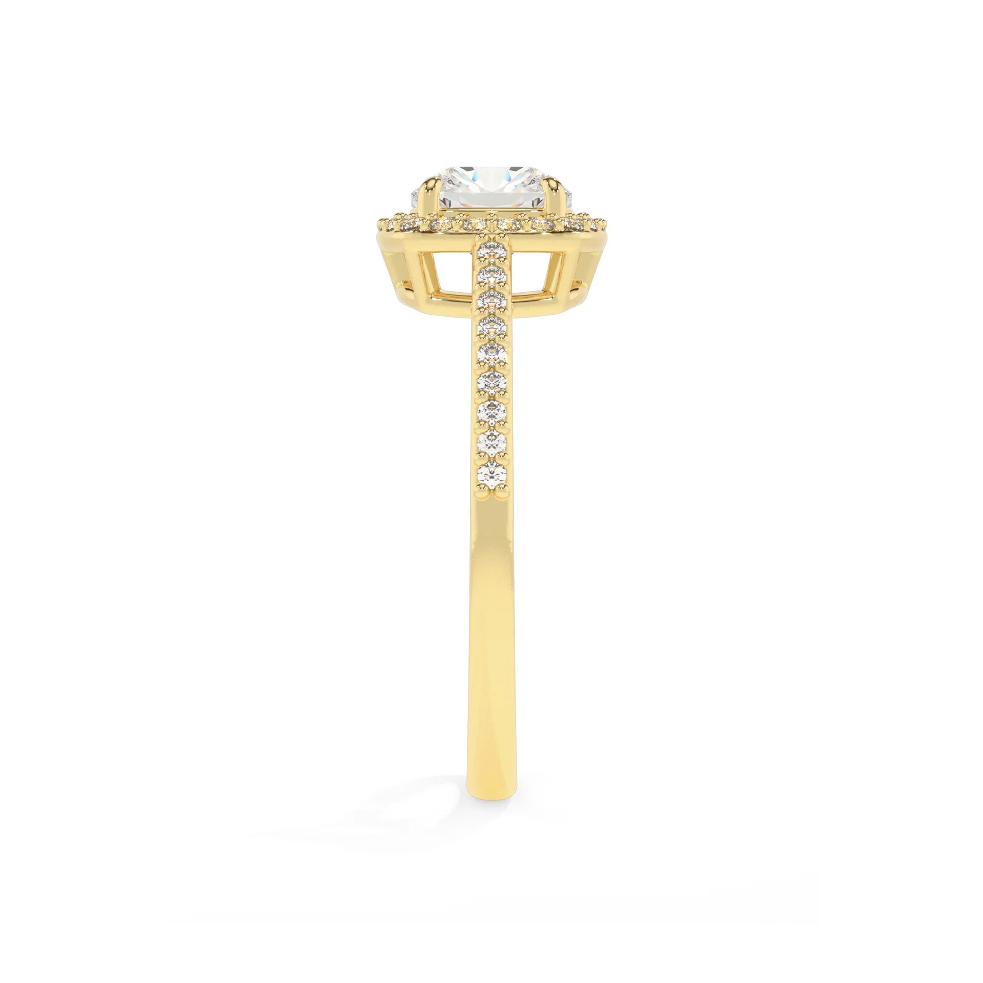 lab grown moissanite cushion solitaire rings in yellow gold 