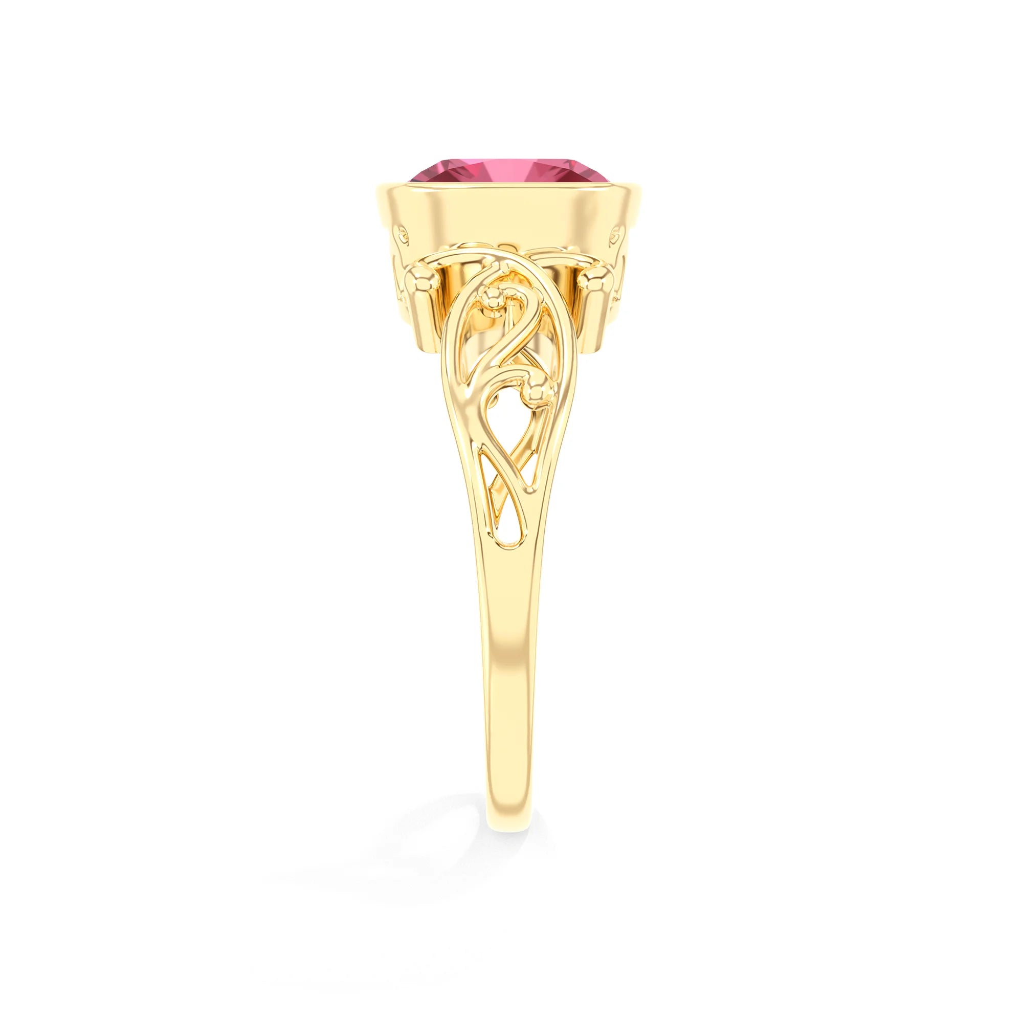 lab grown pink-tourmaline cushion solitaire rings in yellow gold 
