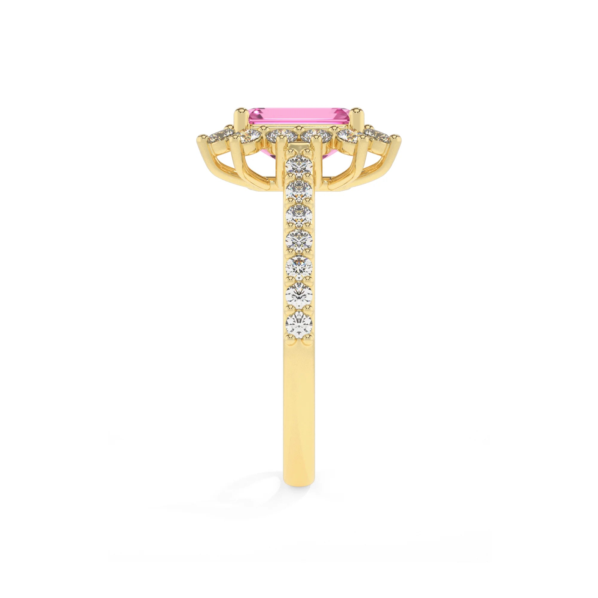 lab grown pink-sapphire emerald cut solitaire rings in yellow gold 