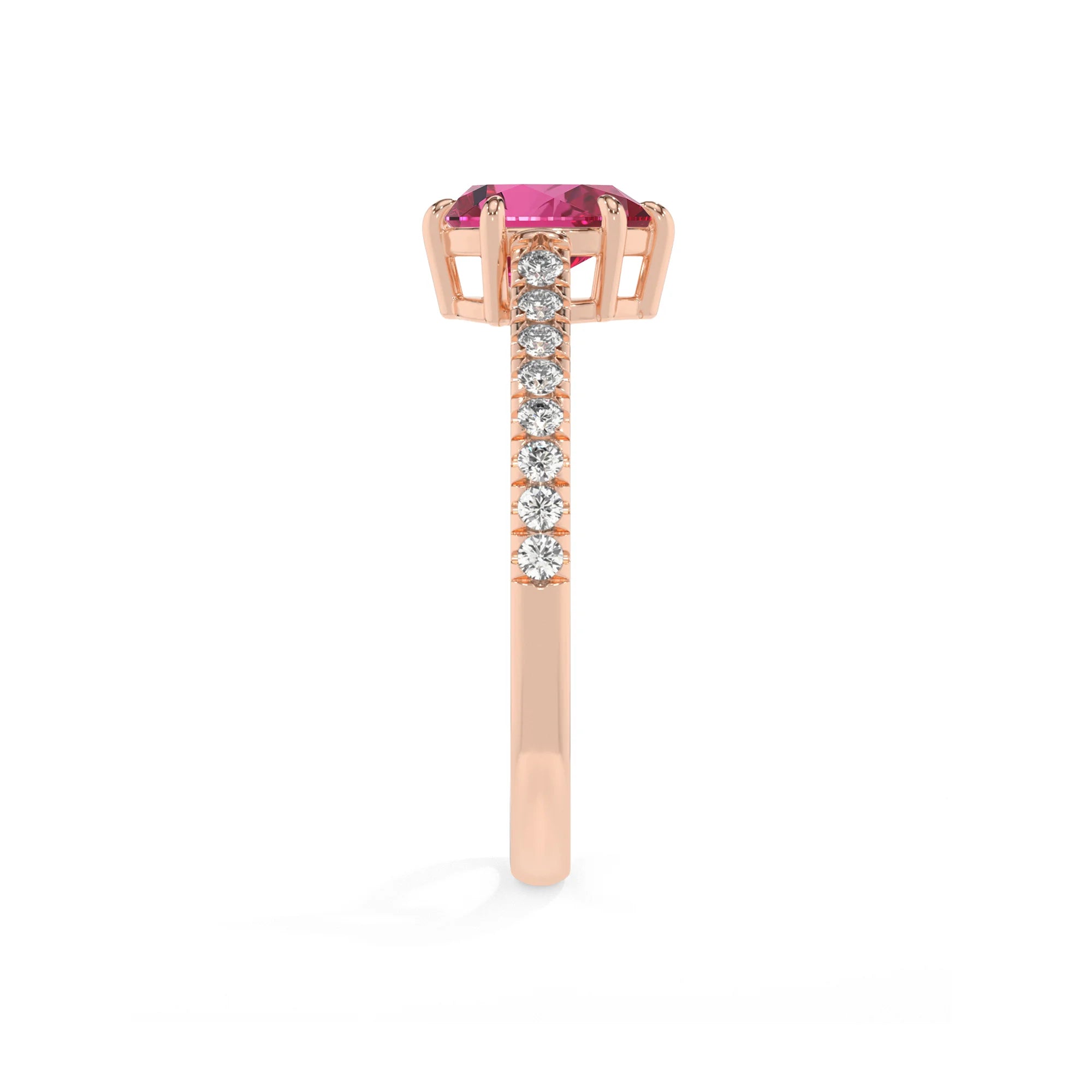 lab grown pink-sapphire pear half eternity solitaire engagement rings in rose gold 