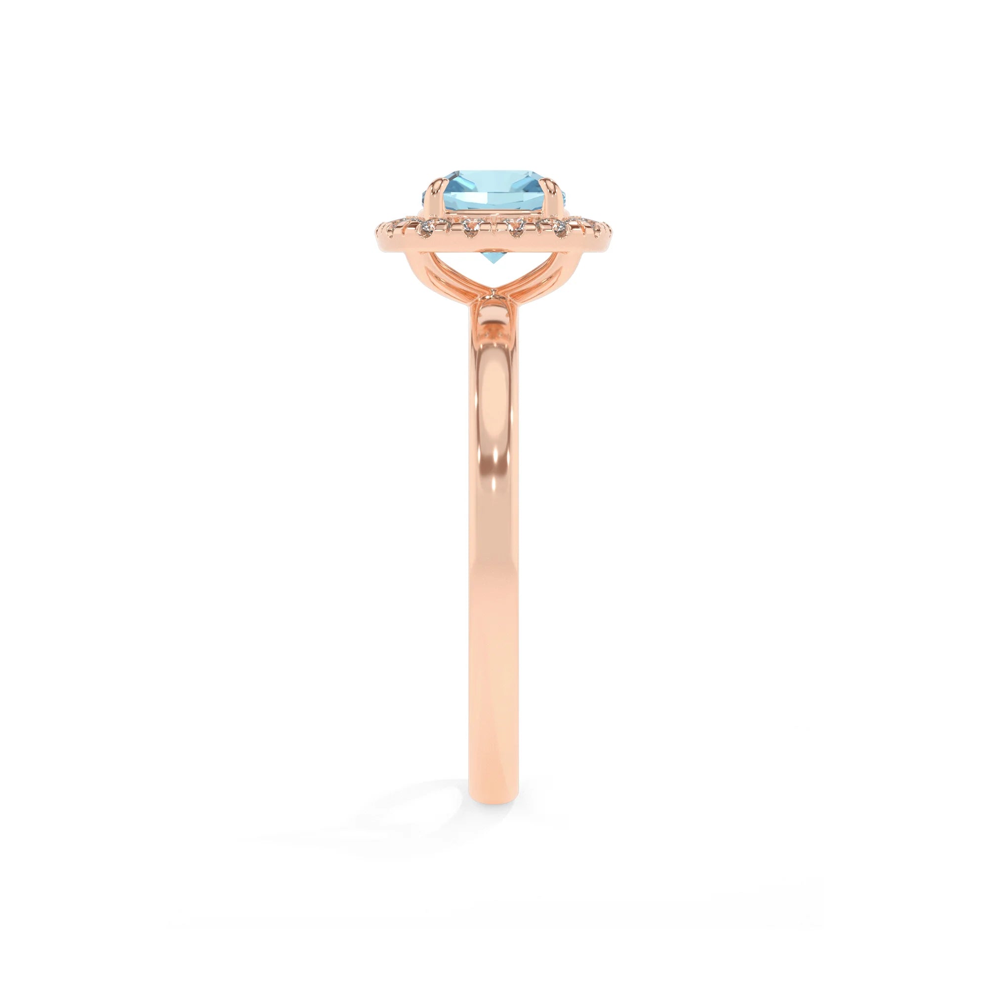 lab grown aquamarine cushion solitaire rings in rose gold 