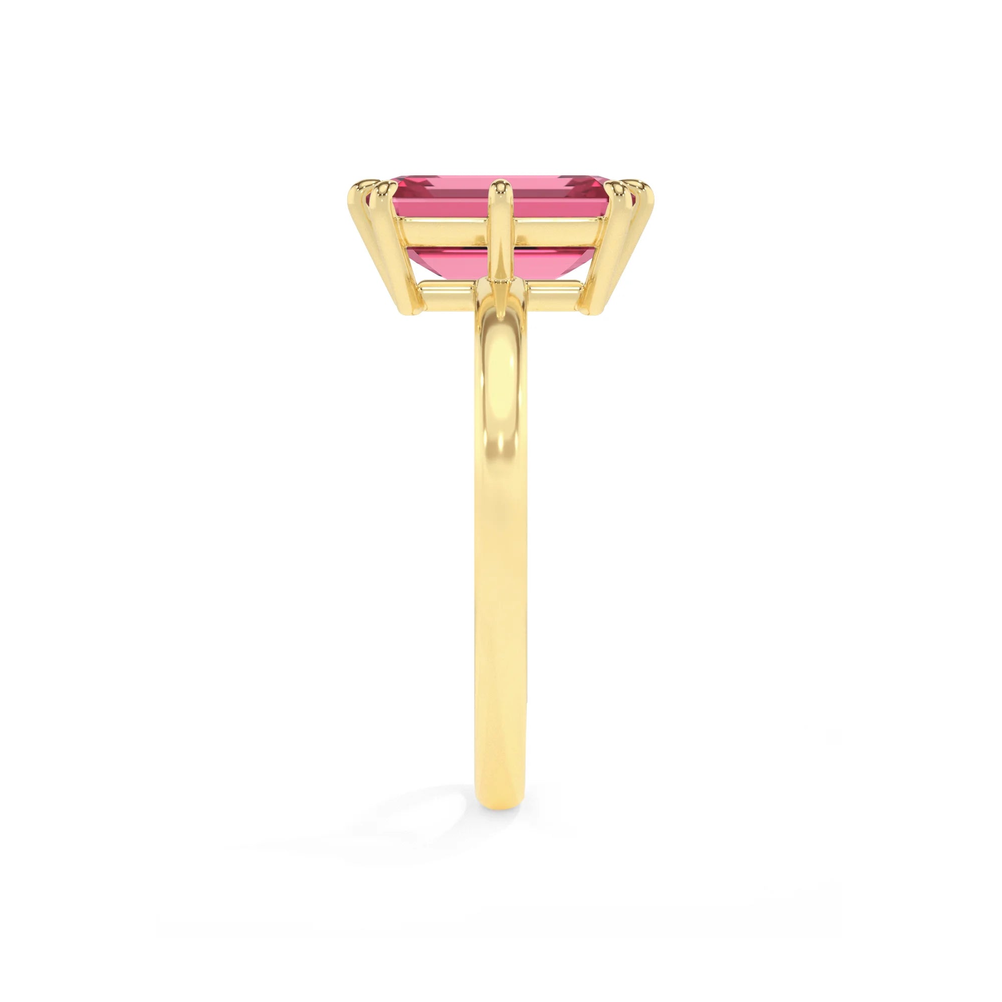 lab grown pink-tourmaline emerald cut solitaire rings in yellow gold 
