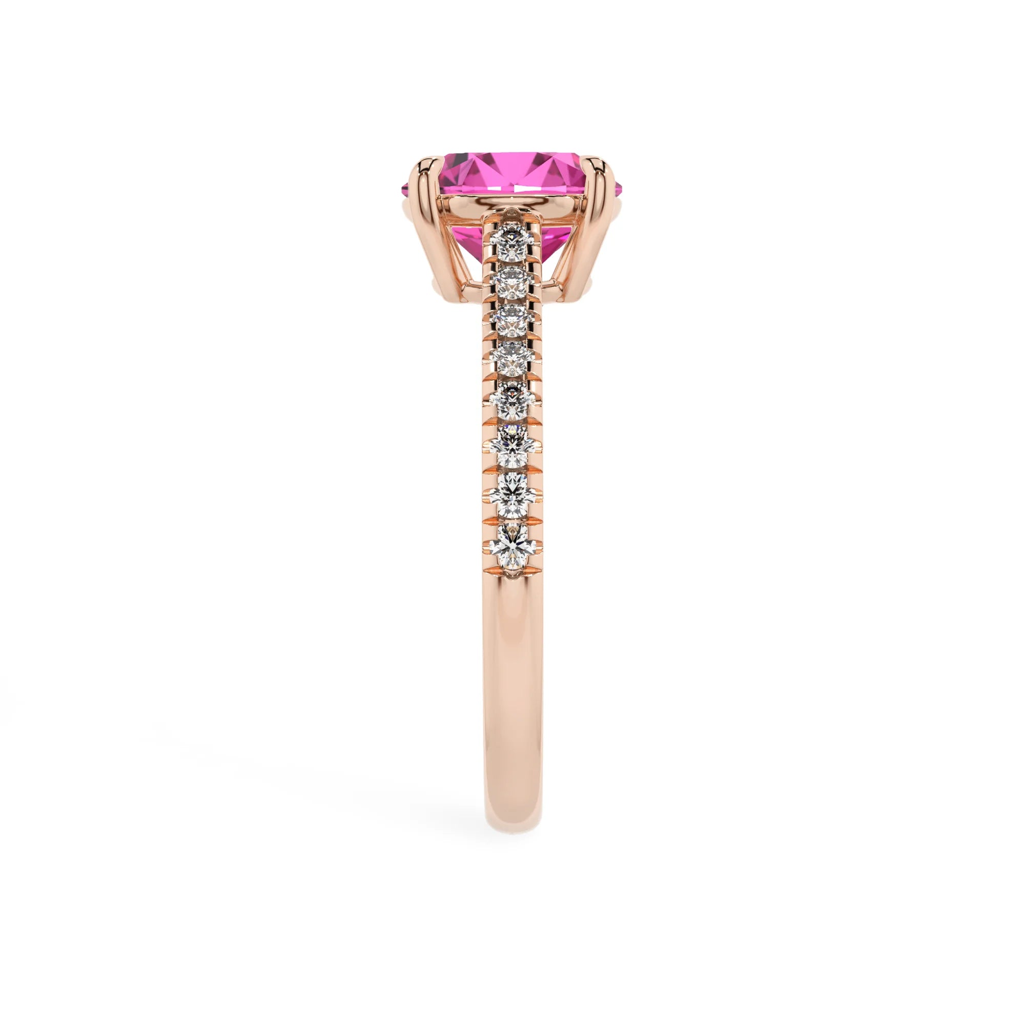 lab grown pink-sapphire round half eternity solitaire engagement rings in rose gold 