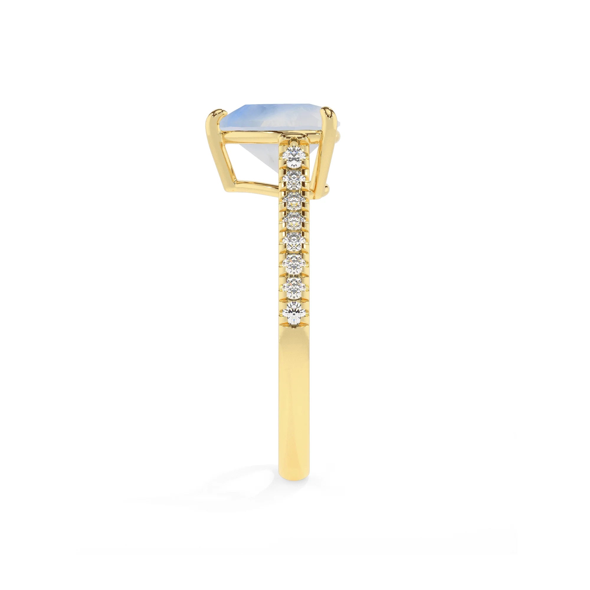 natural rainbow-moonstone heart half eternity solitaire engagement rings in yellow gold 