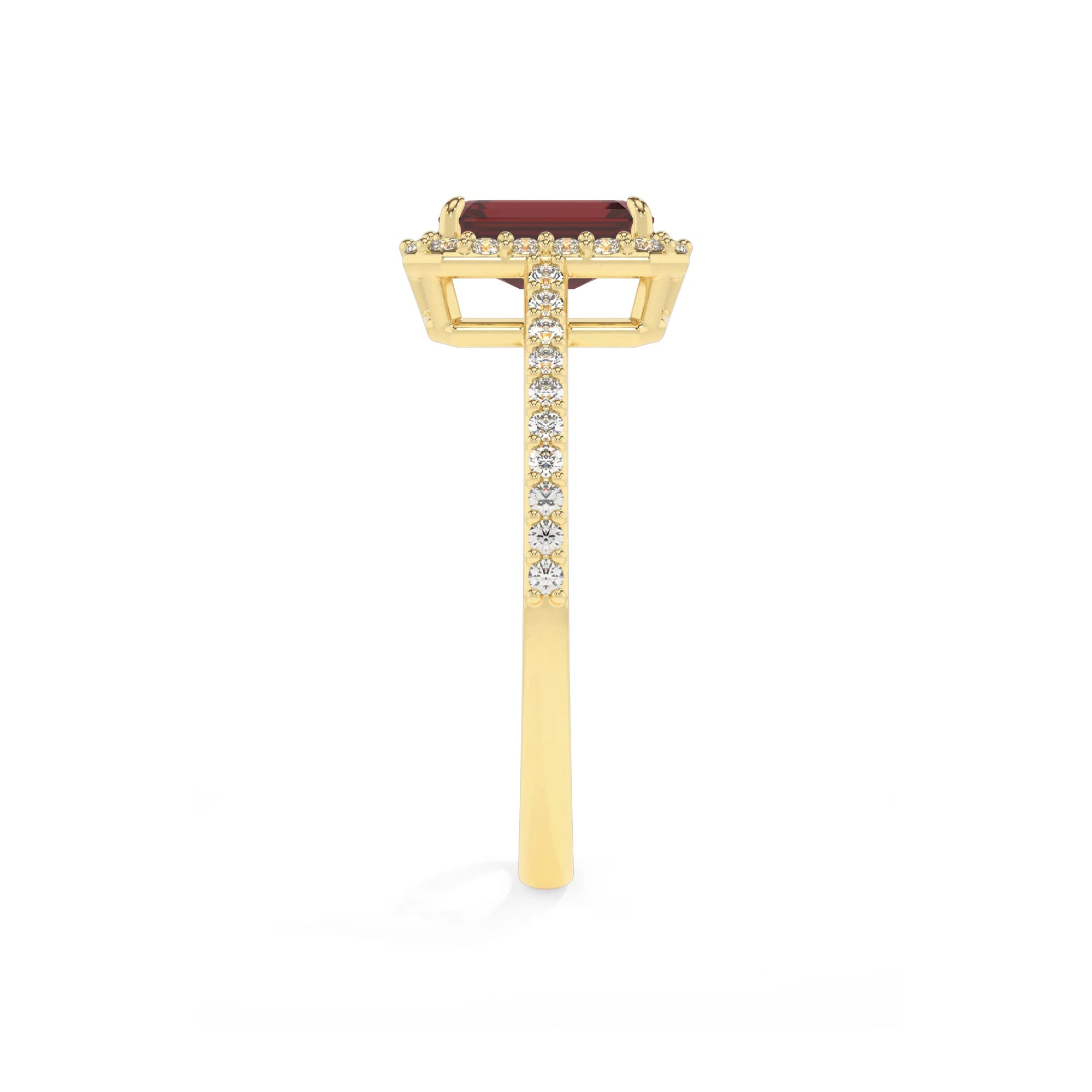 natural garnet emerald cut solitaire rings in yellow gold 
