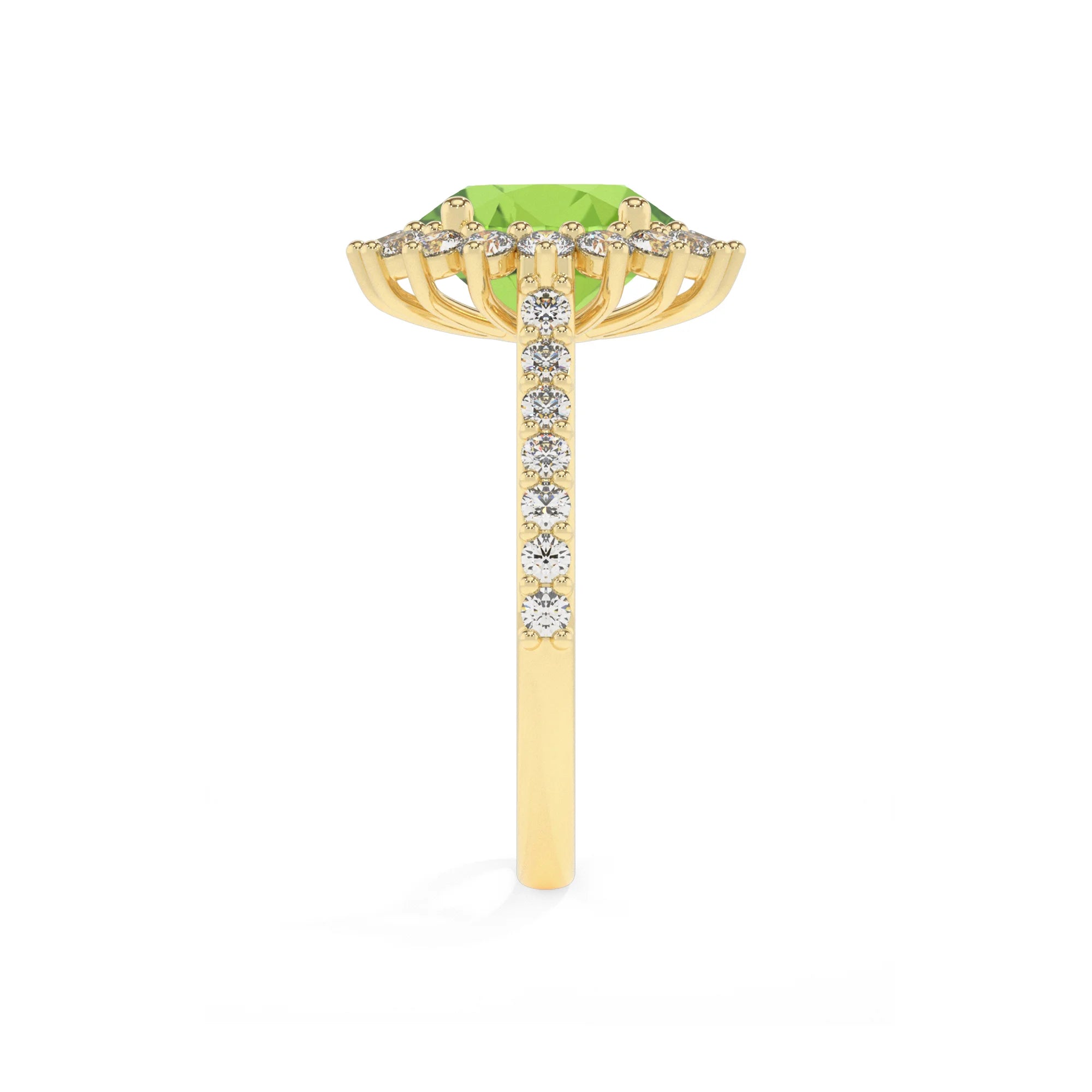 natural peridot round solitaire rings in yellow gold 