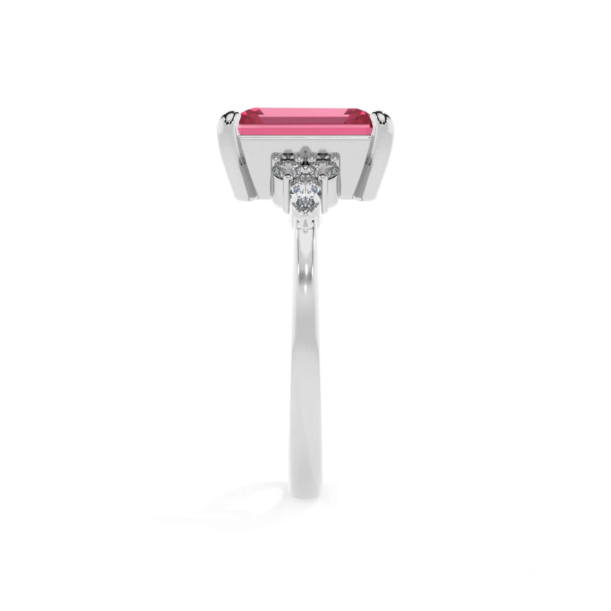 lab grown pink-tourmaline emerald cut solitaire rings in sterling silver 