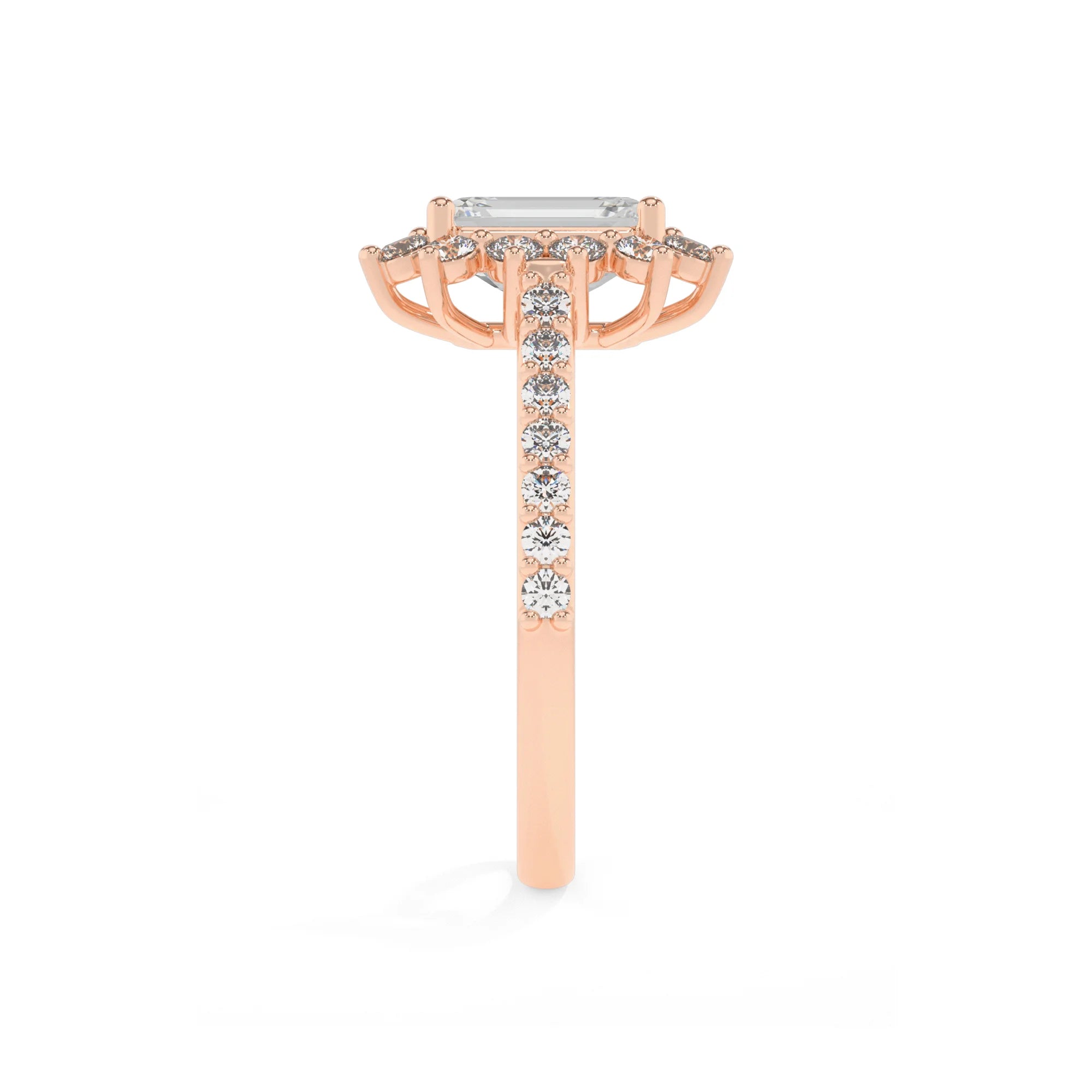lab grown moissanite emerald cut solitaire rings in rose gold 