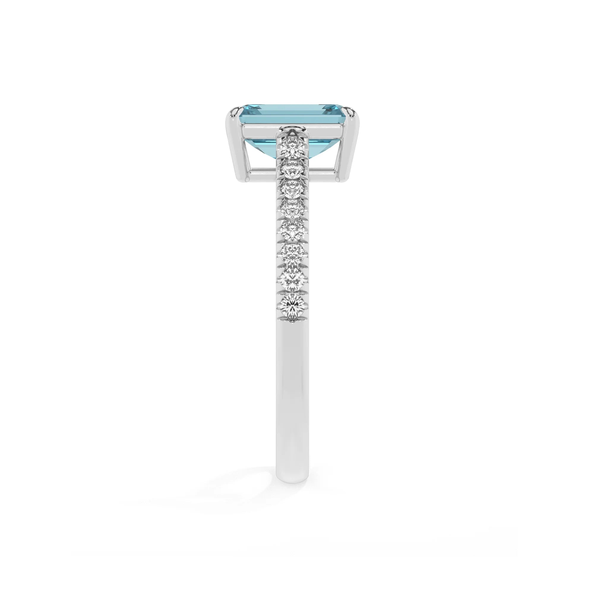 lab grown aquamarine emerald cut half eternity solitaire engagement rings in white gold 
