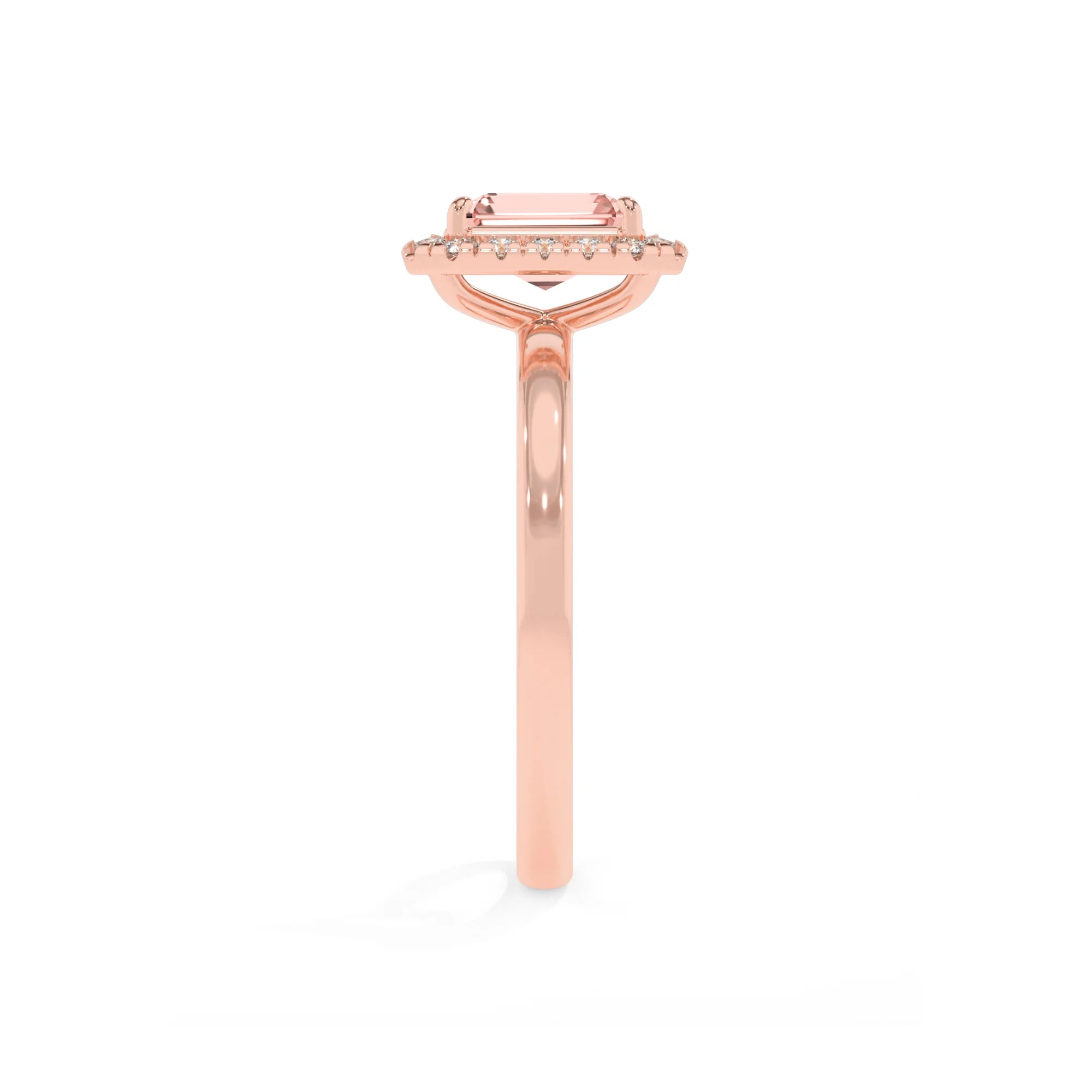 lab grown morganite emerald cut solitaire rings in rose gold 