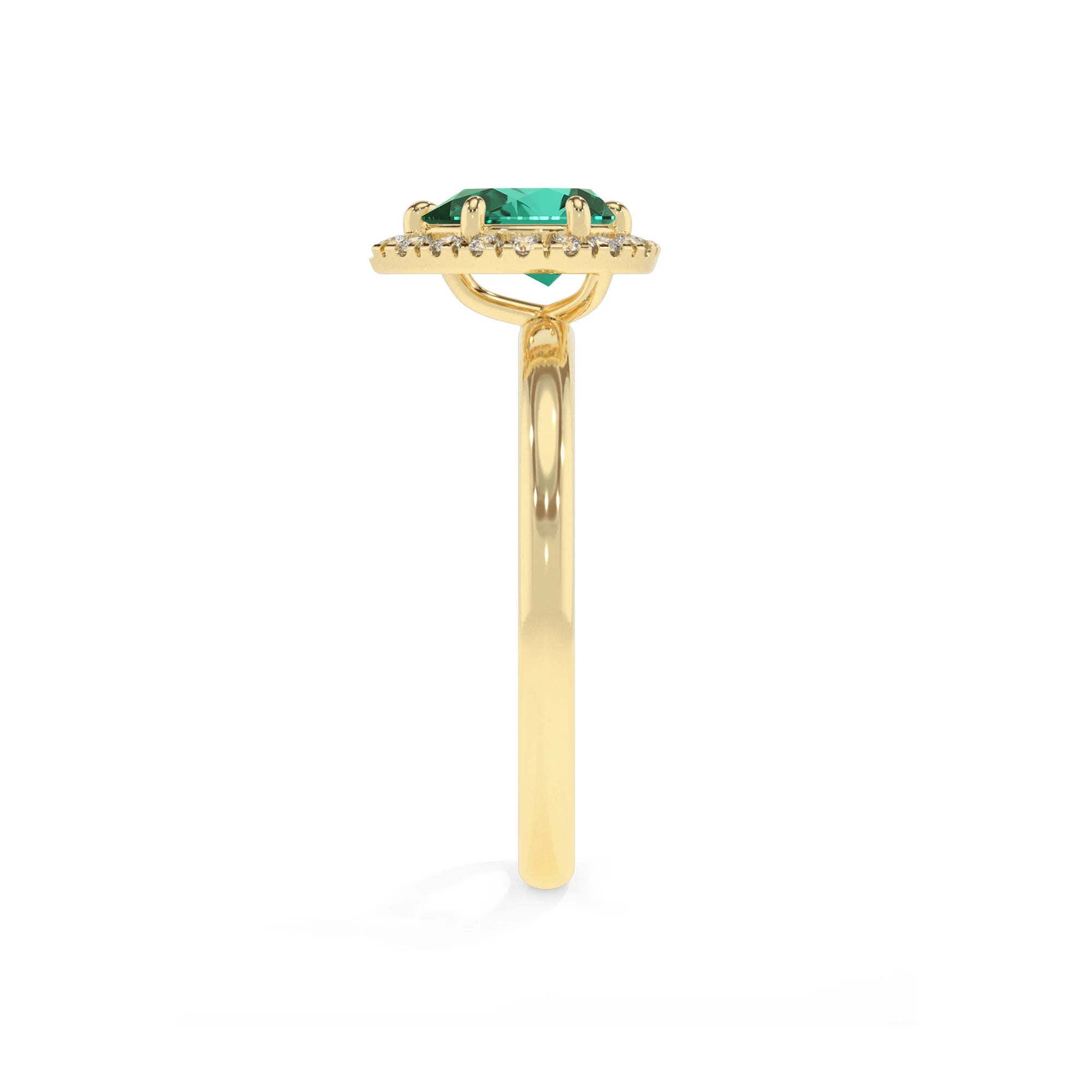 lab grown emerald pear solitaire rings in yellow gold 