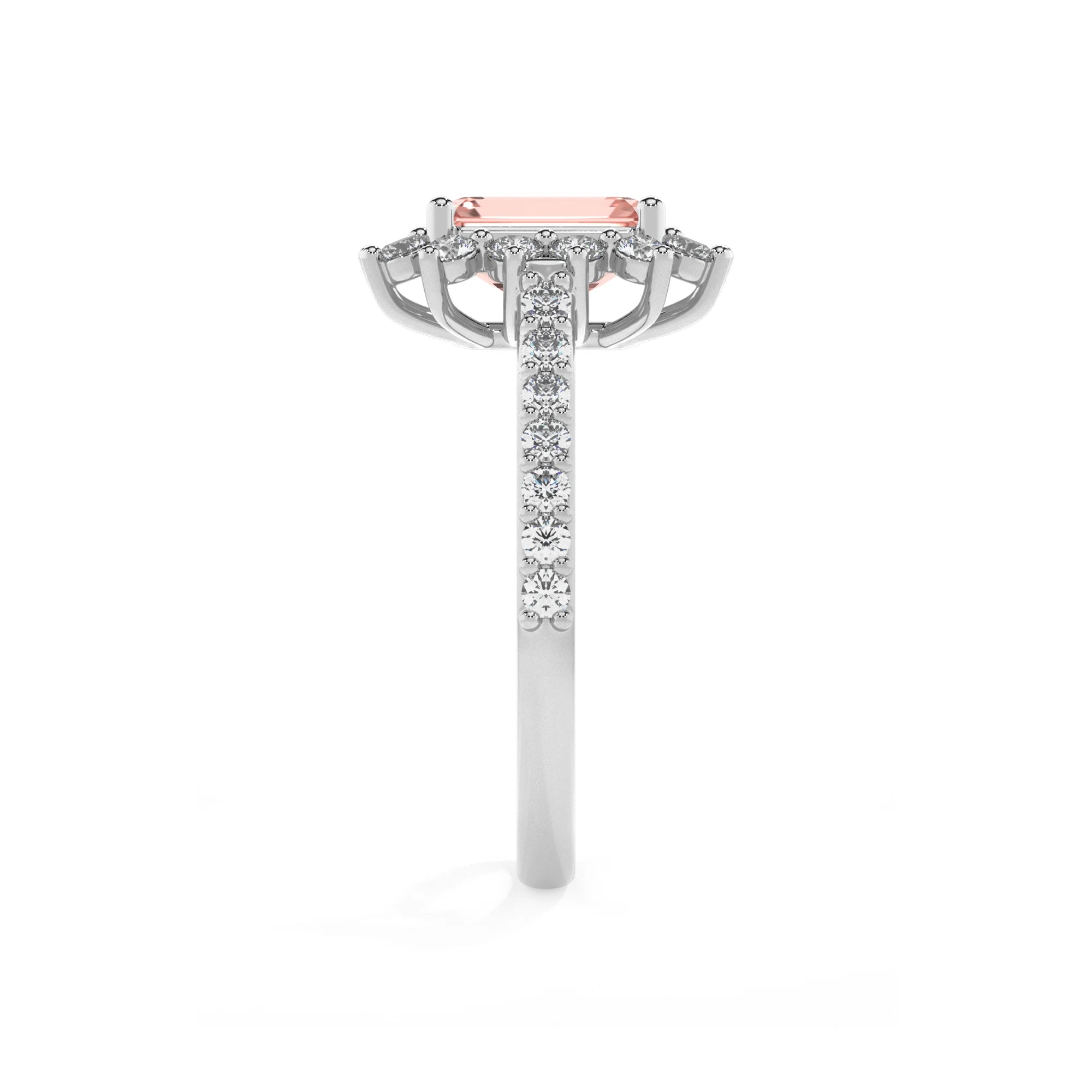 lab grown morganite emerald cut solitaire rings in platinum 