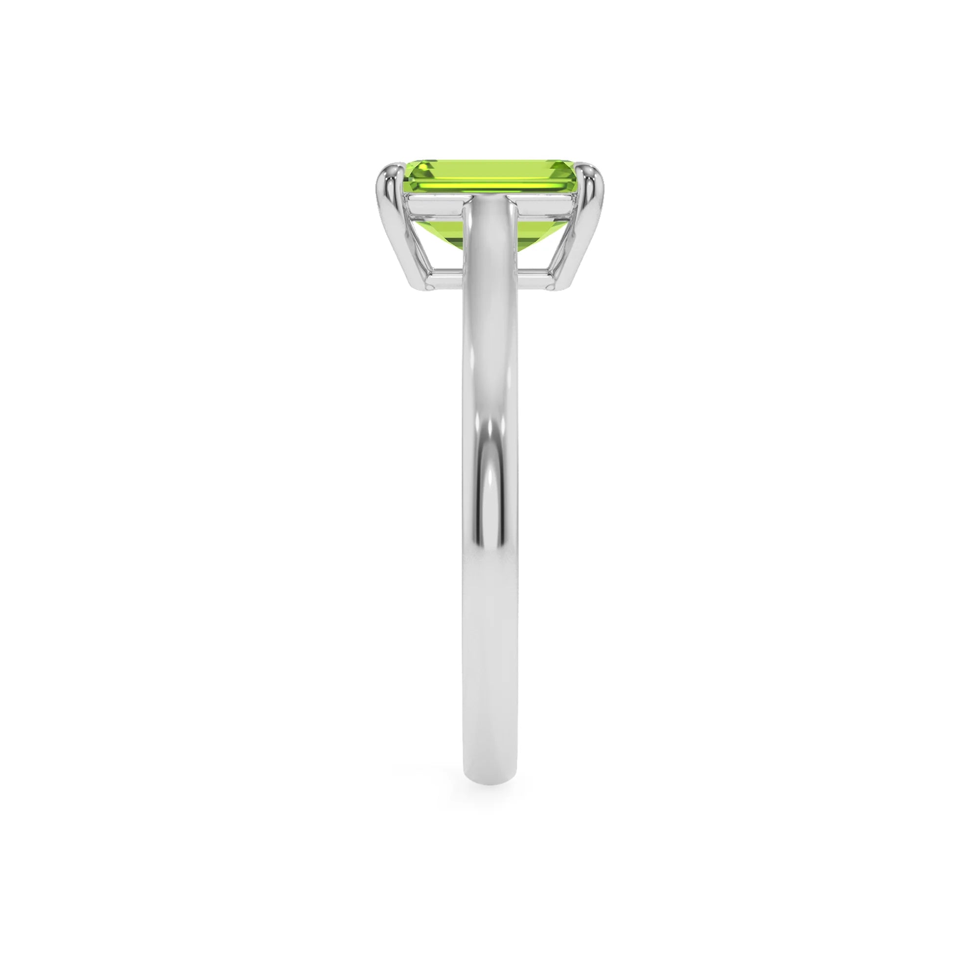 natural peridot emerald cut solitaire rings in white gold 