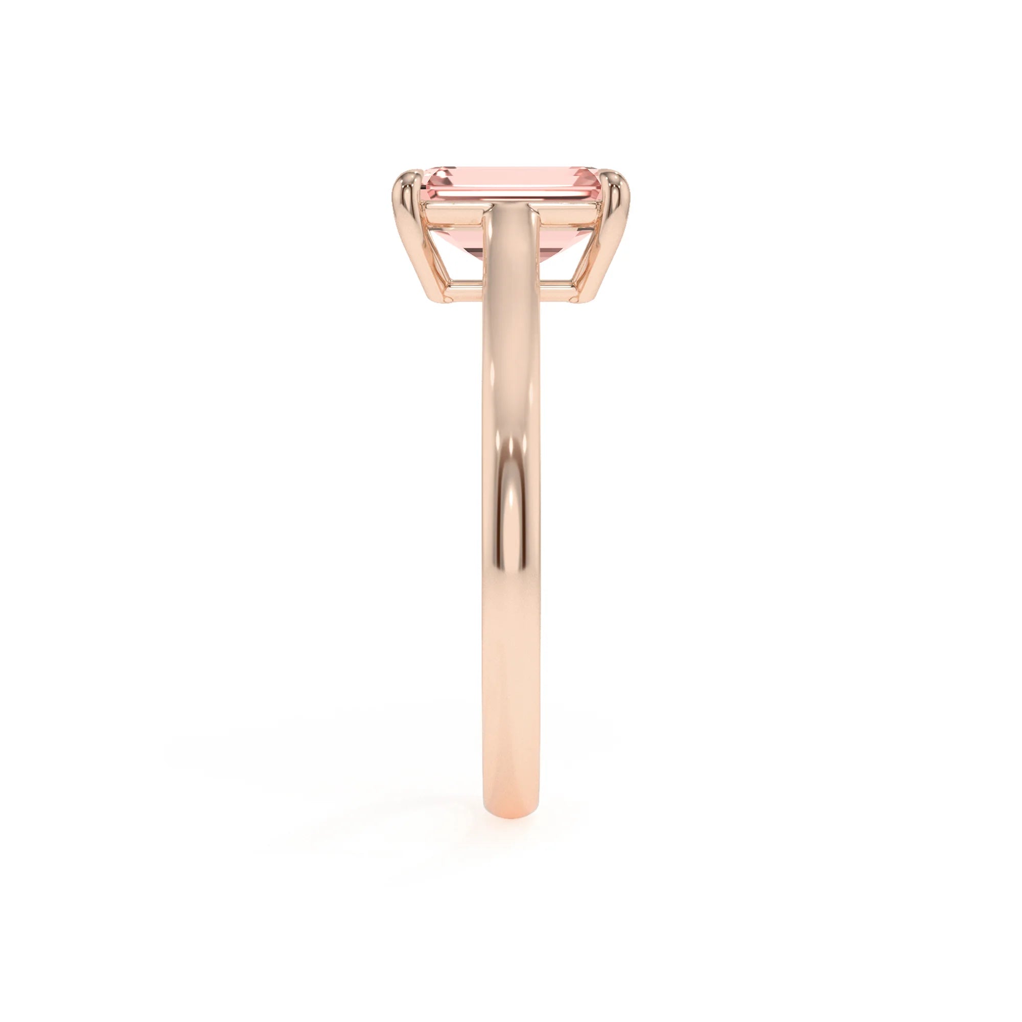 lab grown morganite emerald cut solitaire rings in rose gold 
