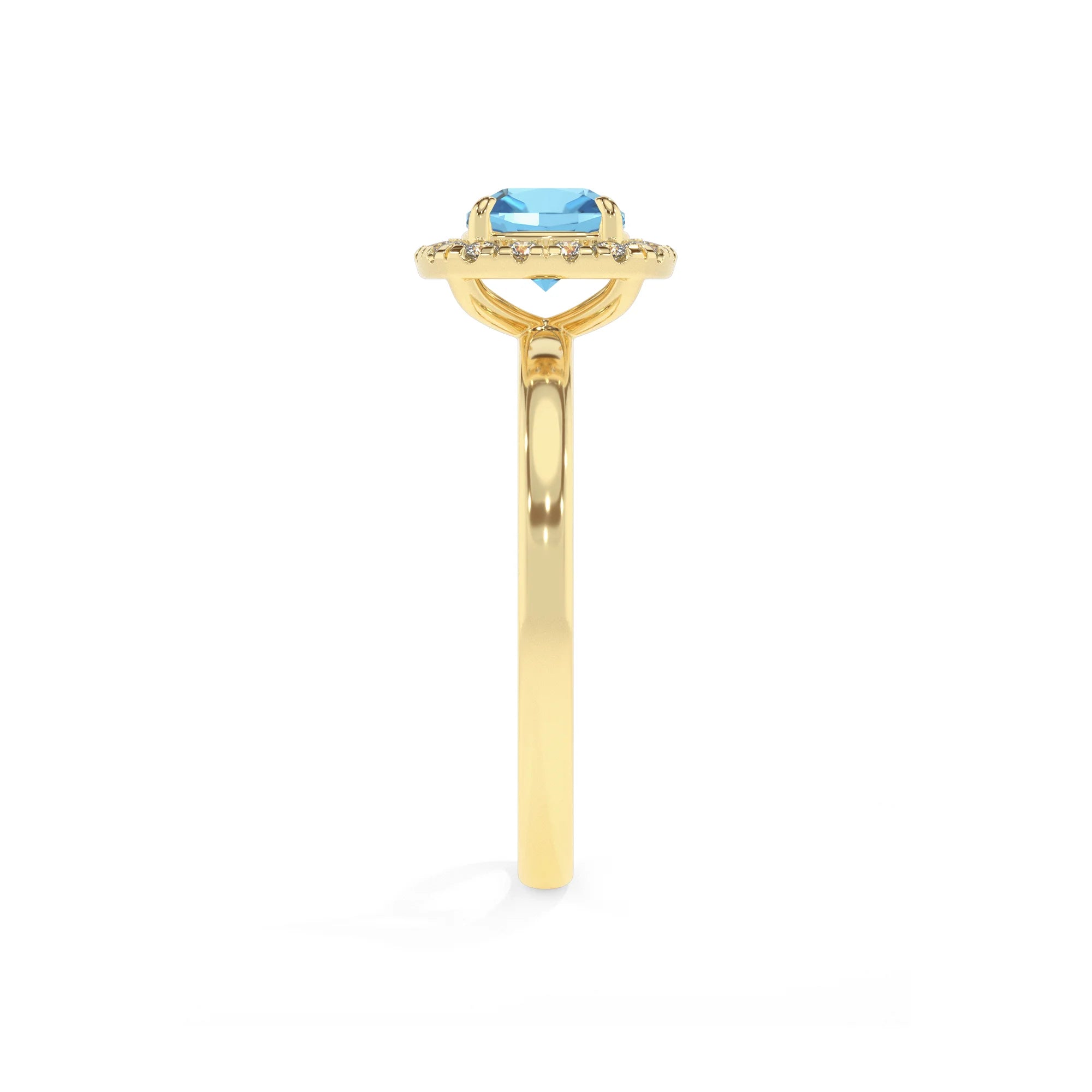 natural swiss-blue-topaz cushion solitaire rings in yellow gold 
