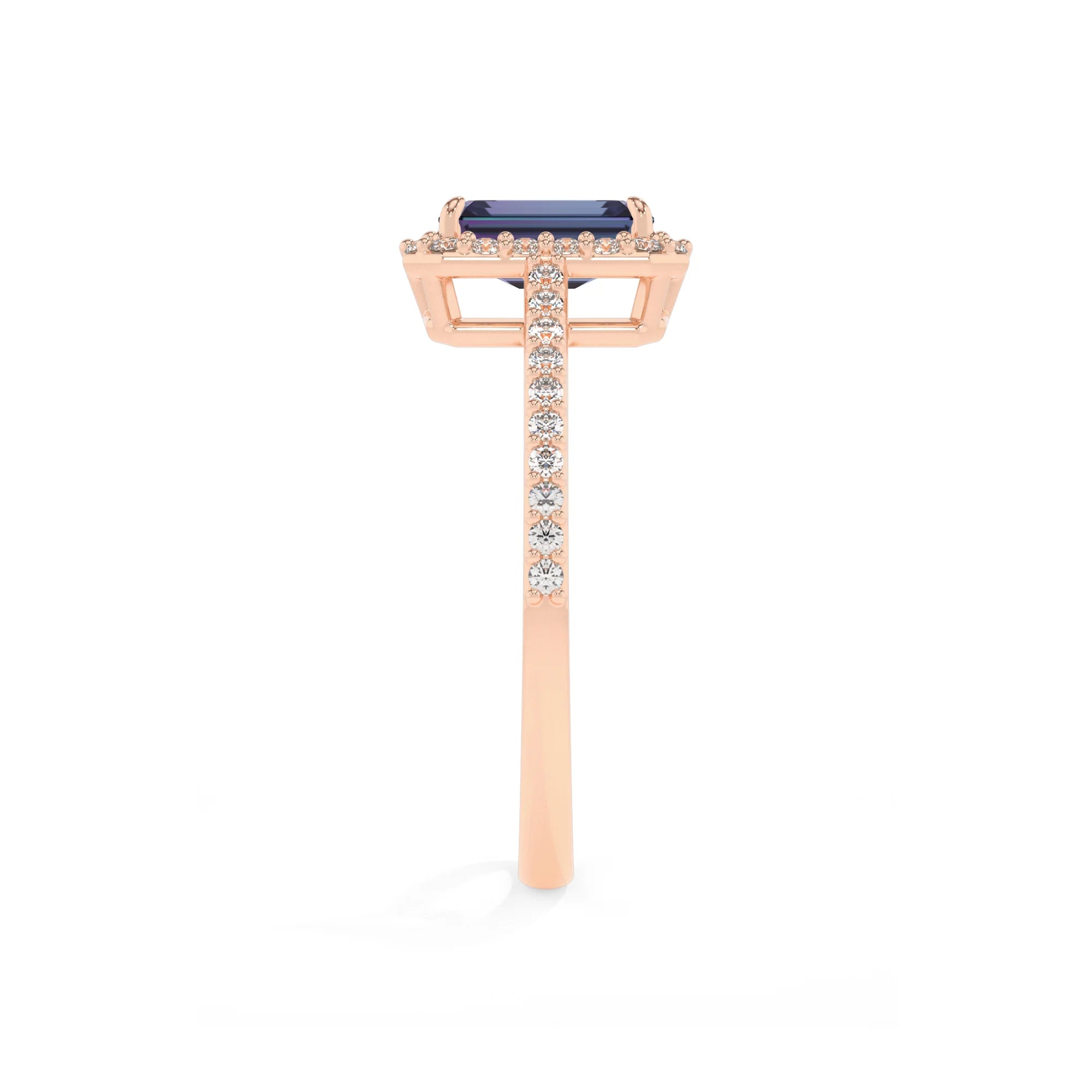 lab grown alexandrite emerald cut solitaire rings in rose gold 