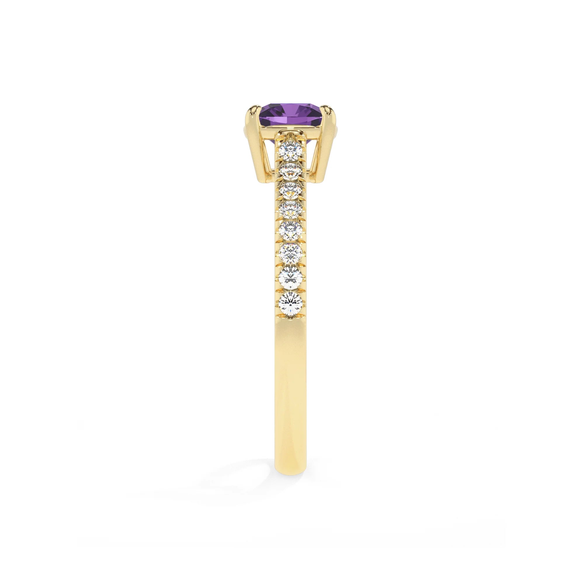 lab grown amethyst cushion half eternity solitaire engagement rings in yellow gold 