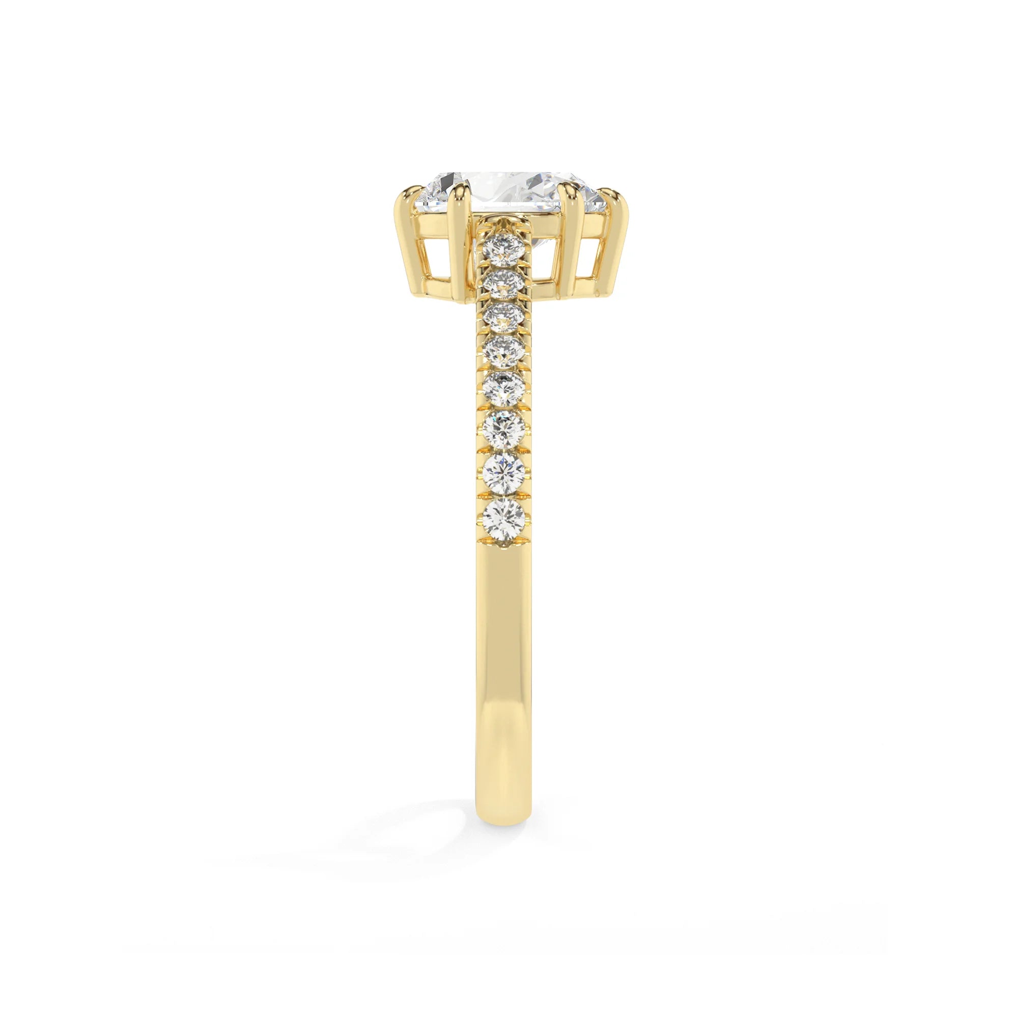 lab grown moissanite pear half eternity solitaire engagement rings in yellow gold 