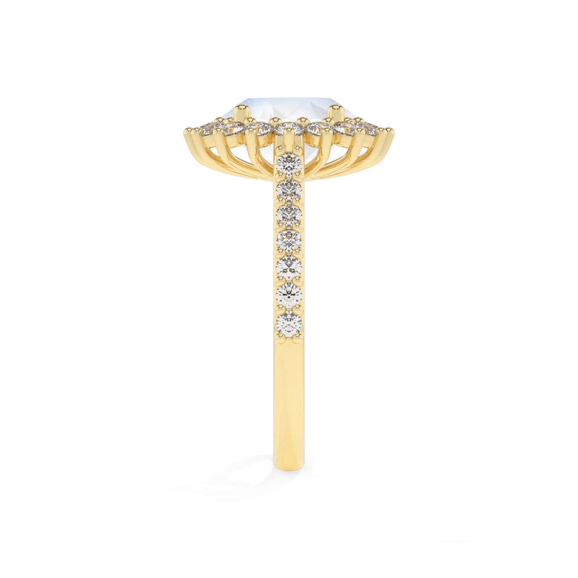 natural rainbow-moonstone round solitaire rings in yellow gold 