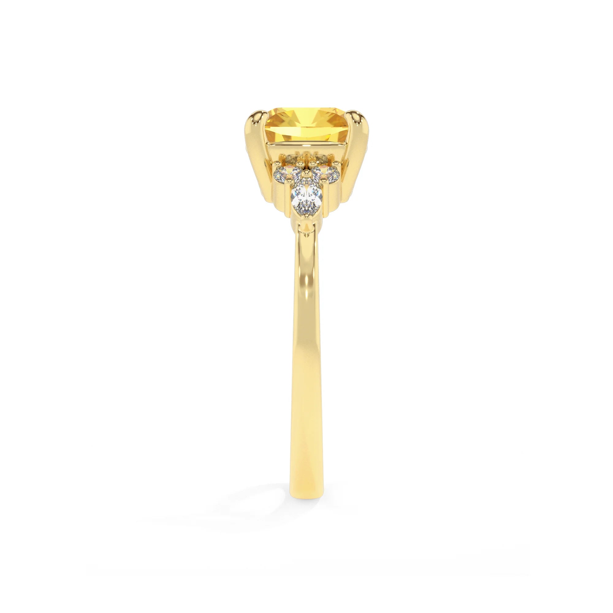 lab grown yellow-sapphire cushion solitaire rings in yellow gold 