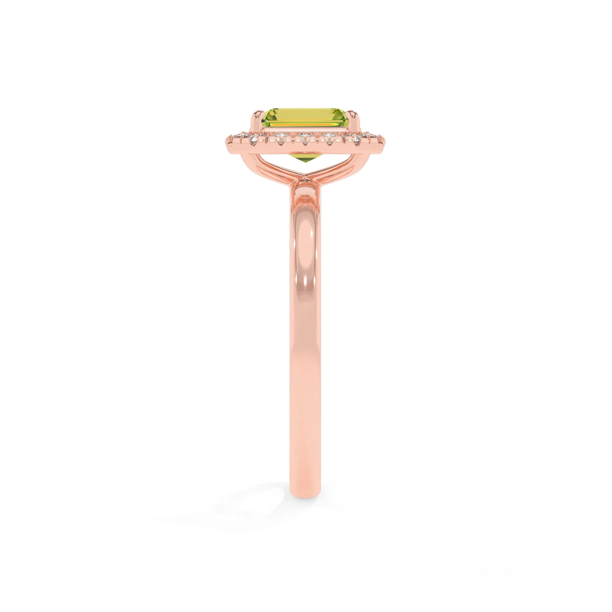 natural peridot emerald cut solitaire rings in rose gold 