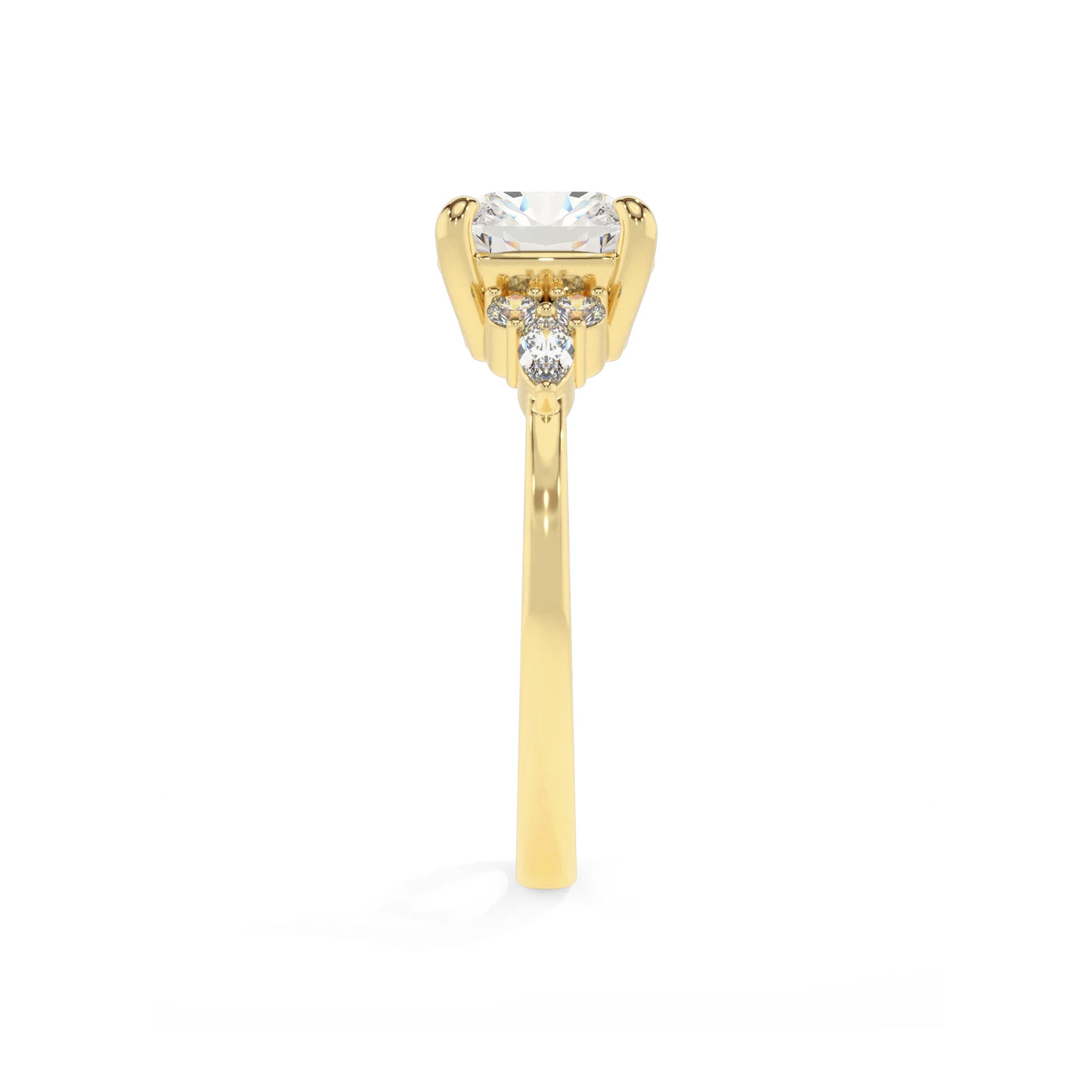 lab grown moissanite cushion solitaire rings in yellow gold 