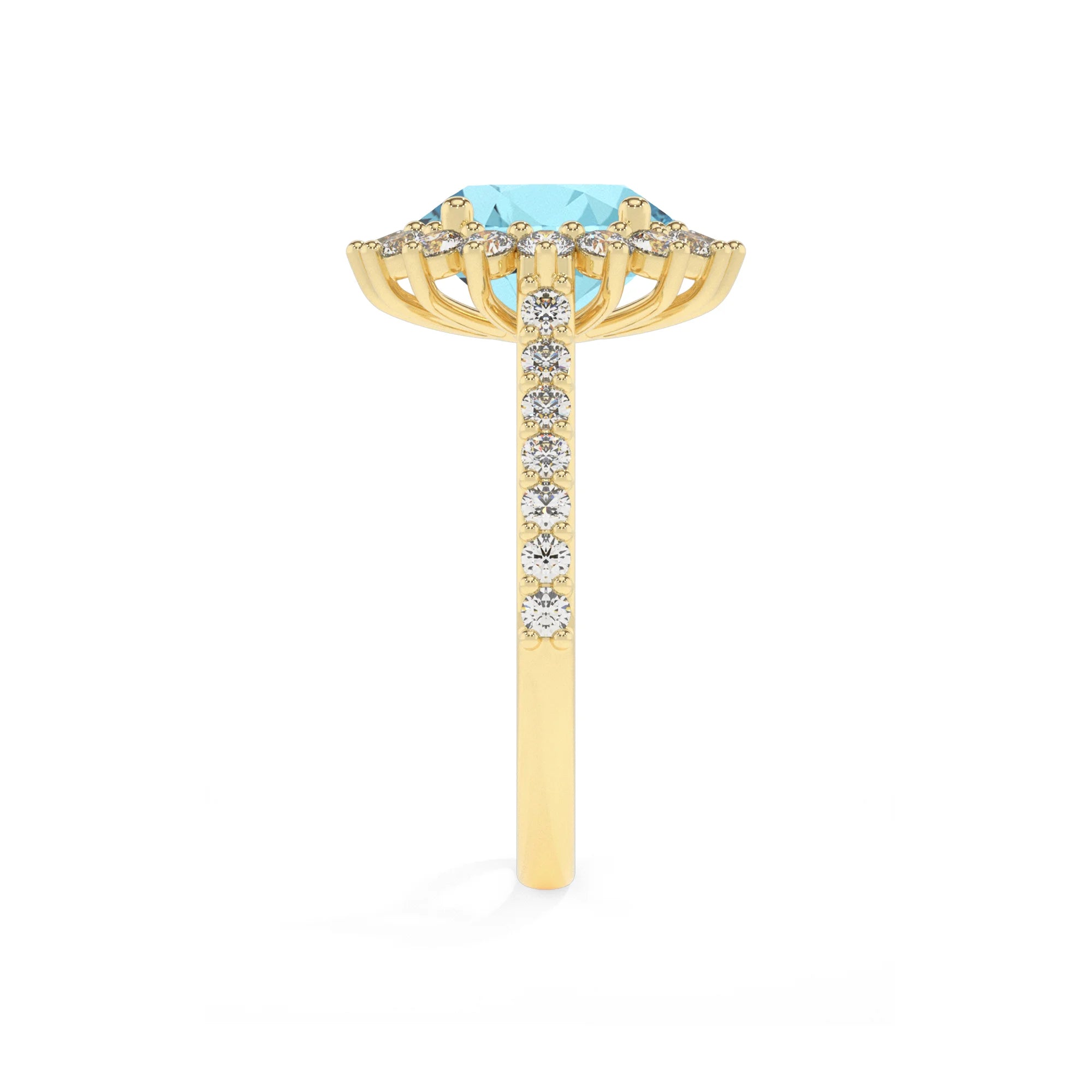 lab grown aquamarine round solitaire rings in yellow gold 