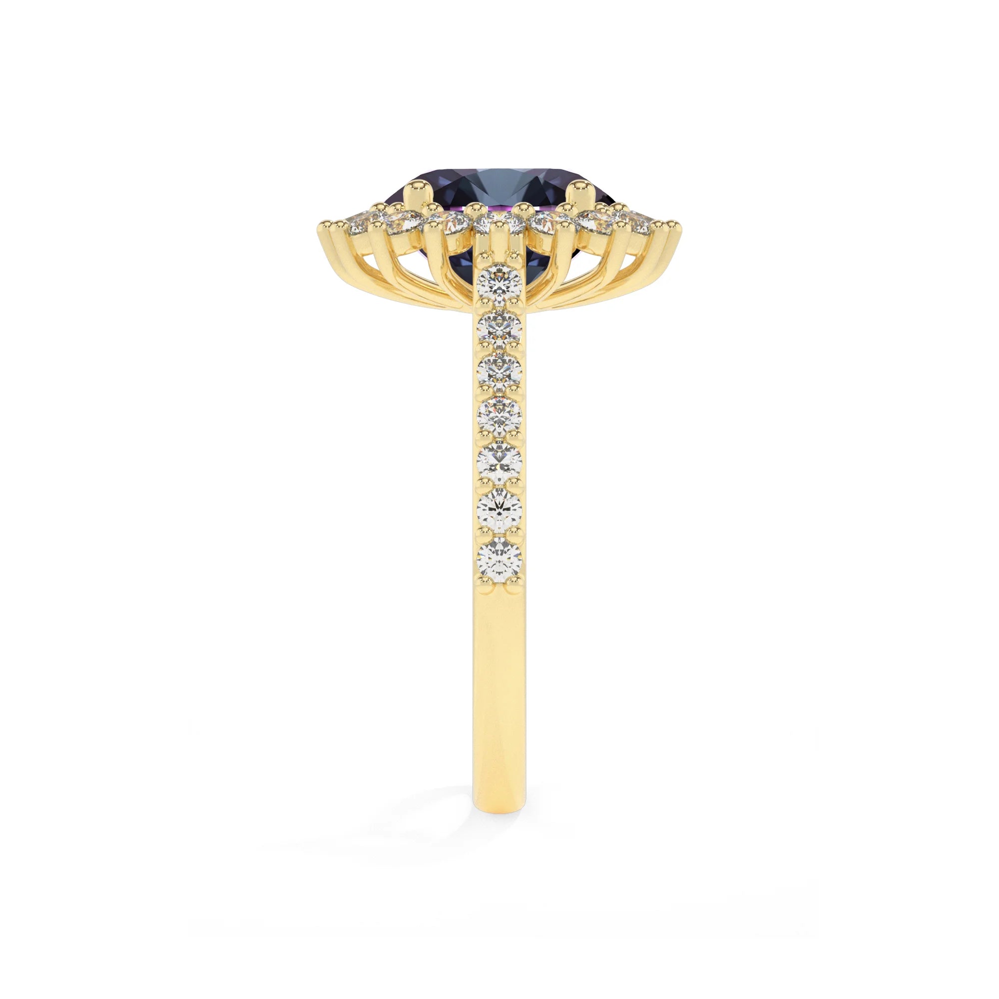 lab grown alexandrite round solitaire rings in yellow gold 