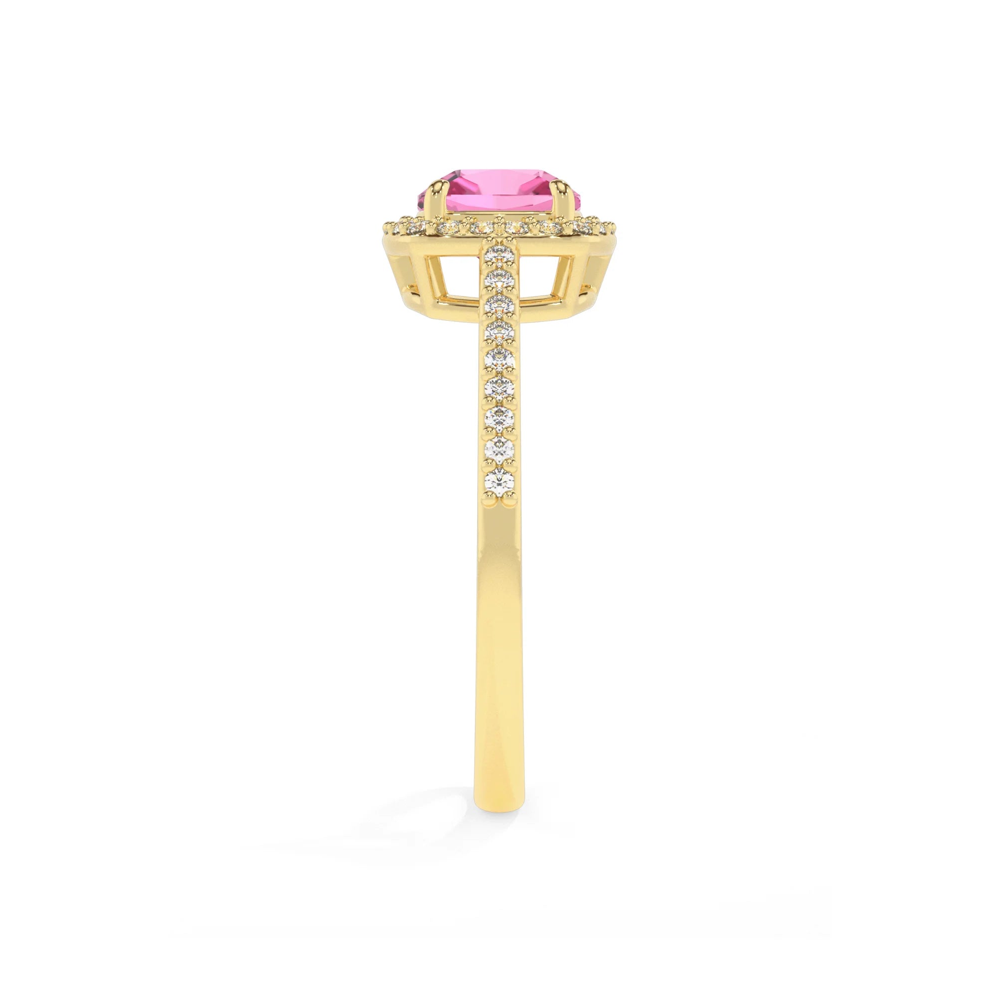 lab grown pink-sapphire cushion solitaire rings in yellow gold 
