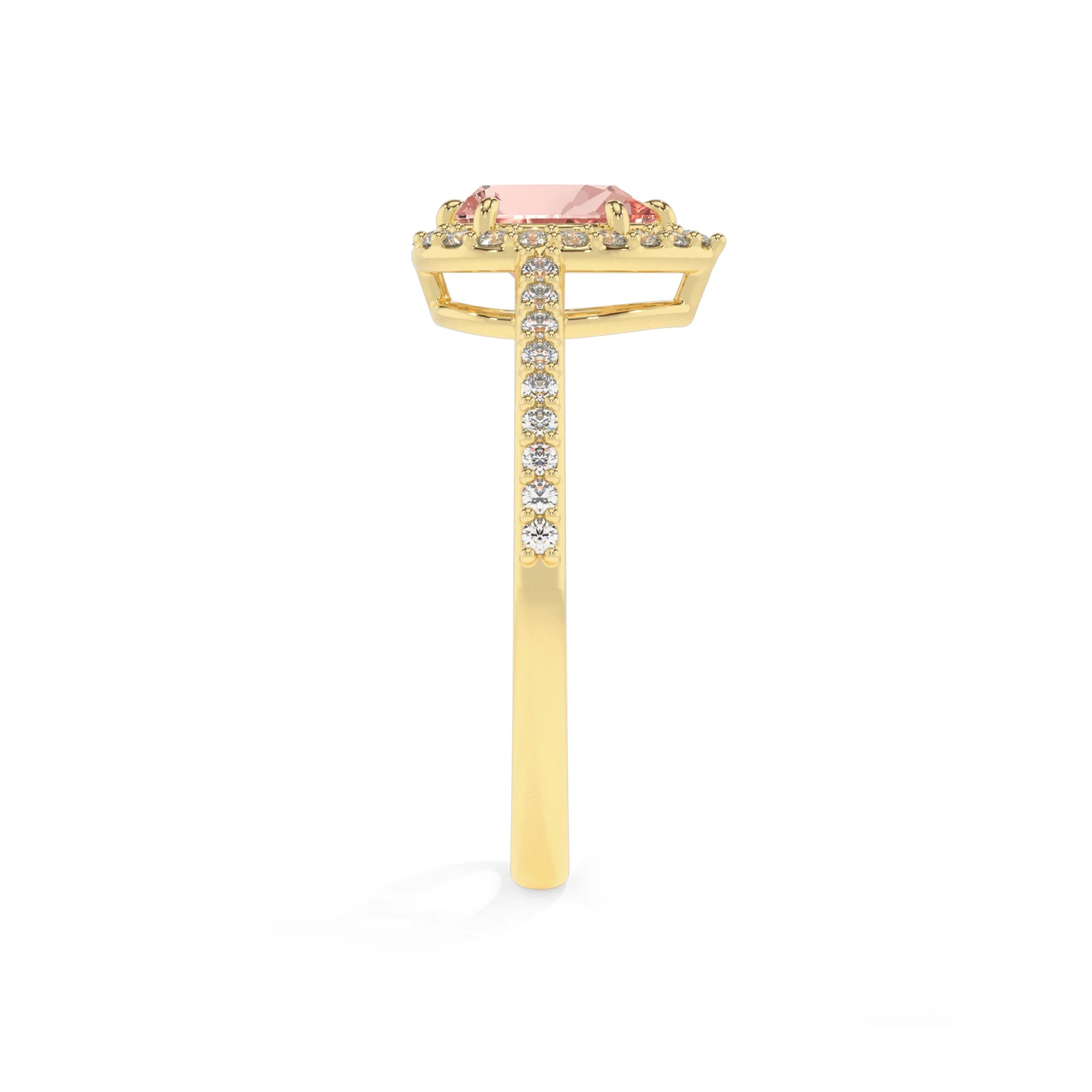 lab grown morganite pear solitaire rings in yellow gold 
