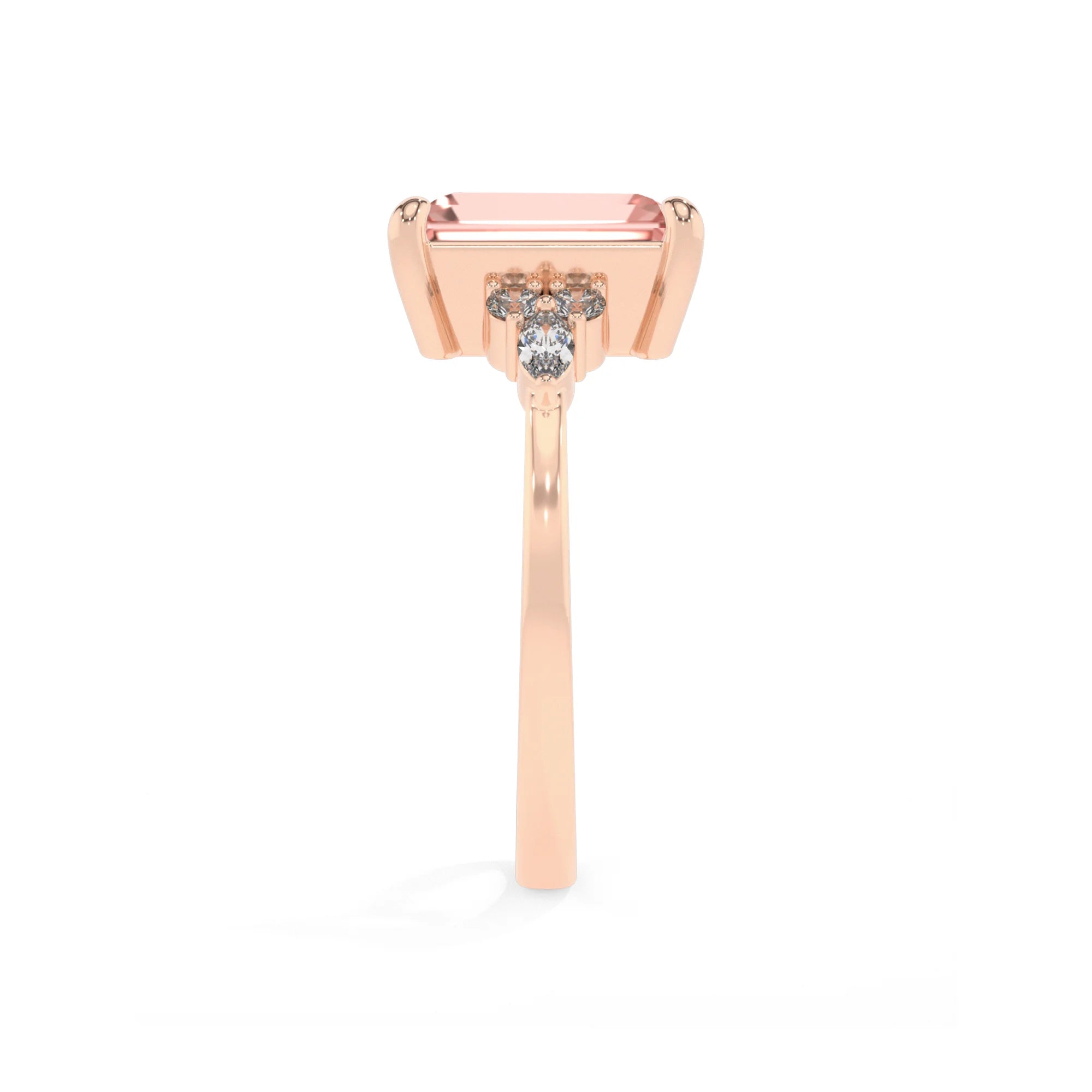 lab grown morganite emerald cut solitaire rings in rose gold 