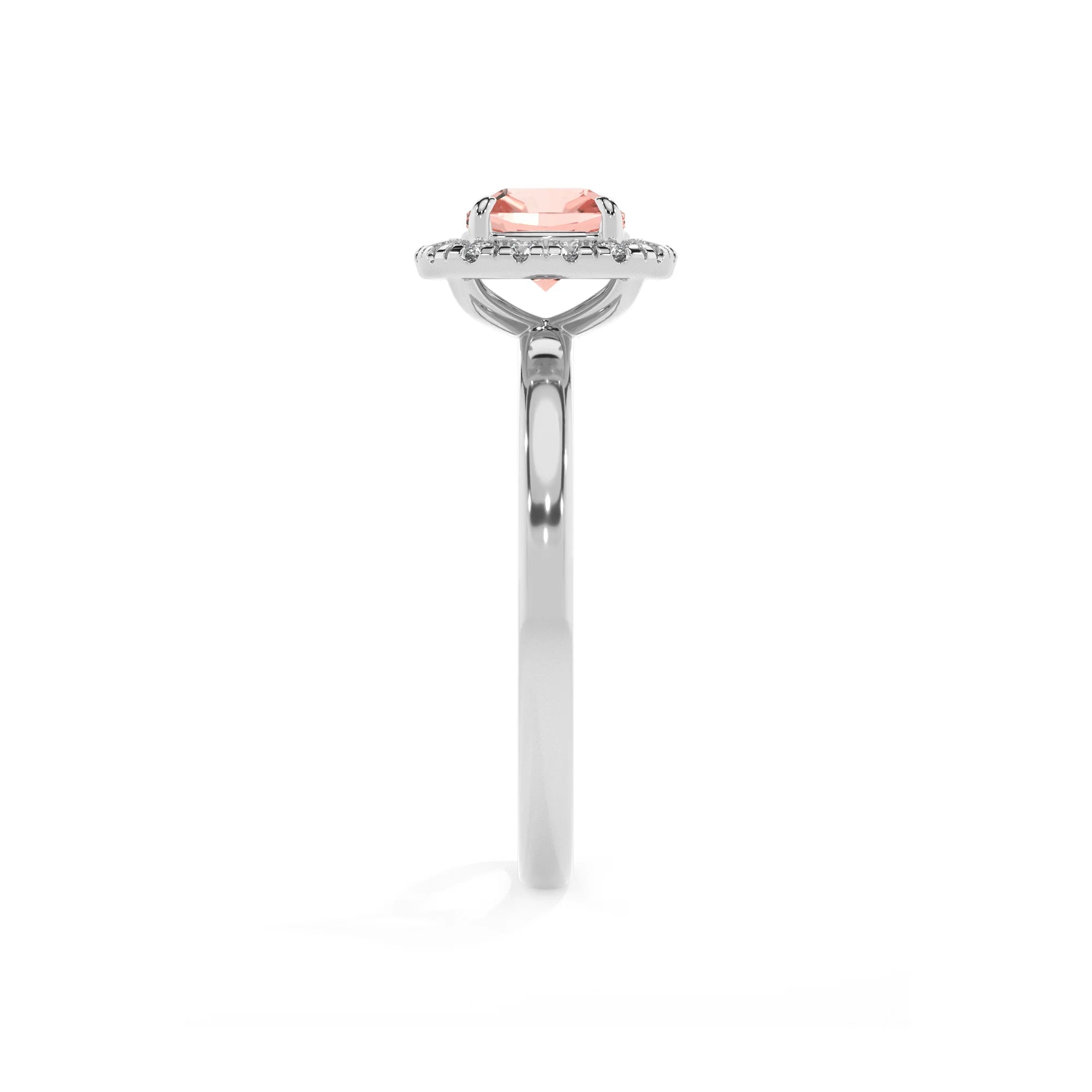 lab grown morganite cushion solitaire rings in platinum 