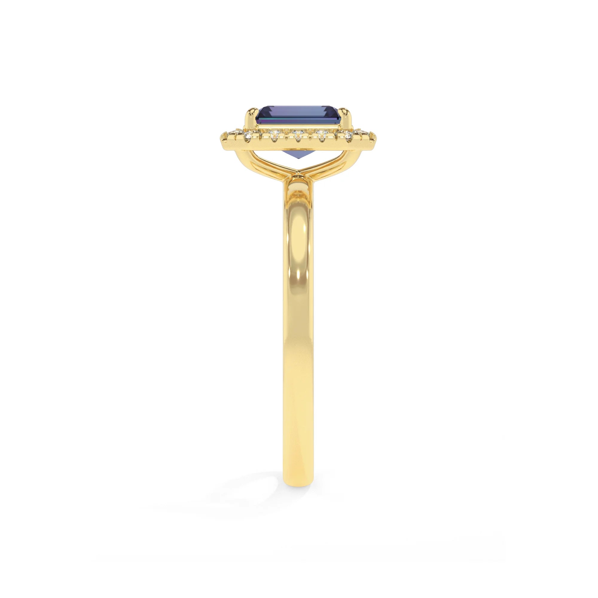 lab grown alexandrite emerald cut solitaire rings in yellow gold 