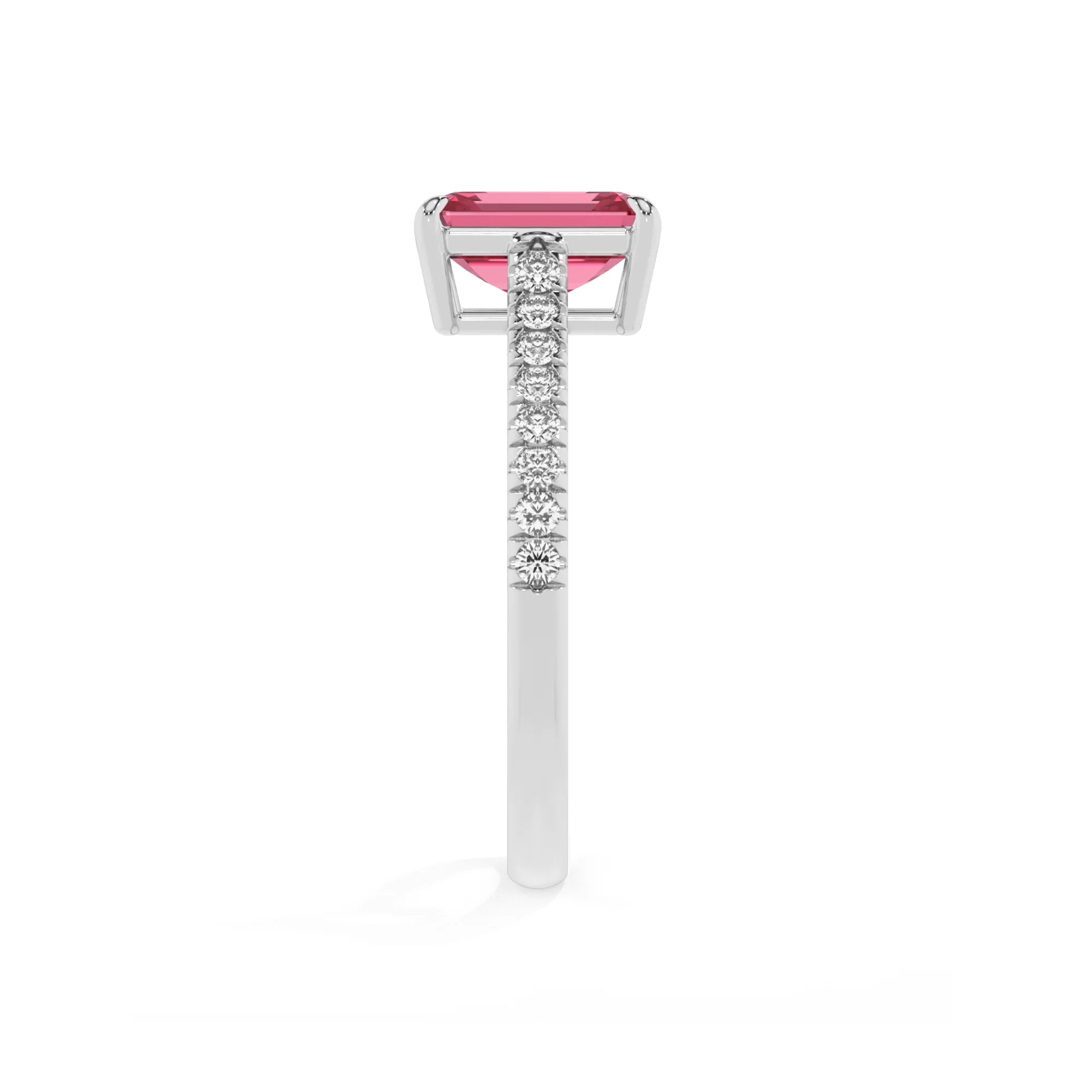 lab grown pink-tourmaline emerald cut half eternity solitaire engagement rings in sterling silver 
