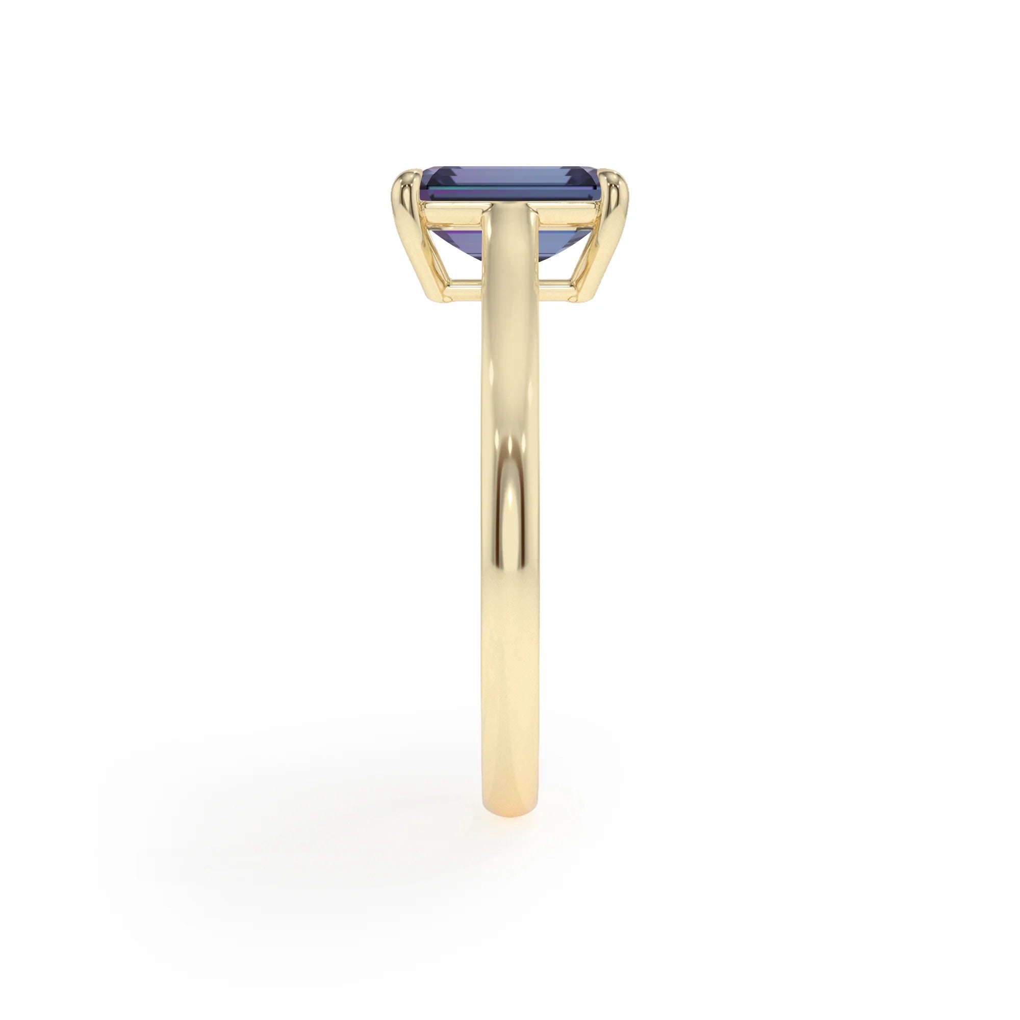 lab grown alexandrite emerald cut solitaire rings in yellow gold 