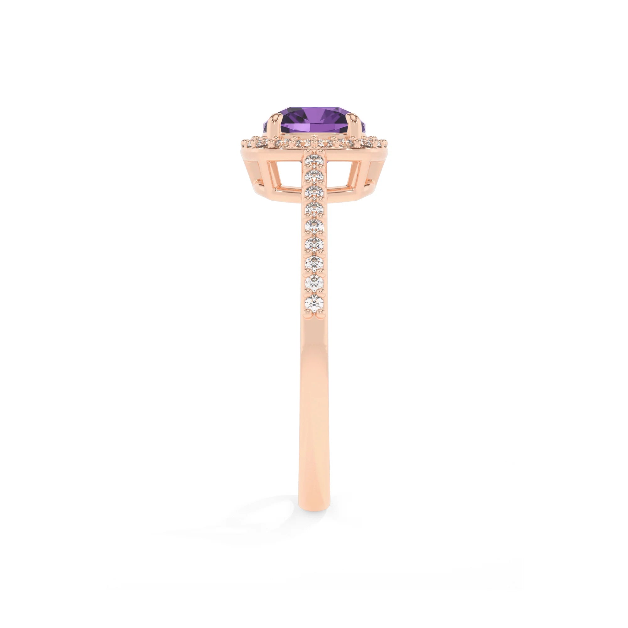 lab grown amethyst cushion solitaire rings in rose gold 