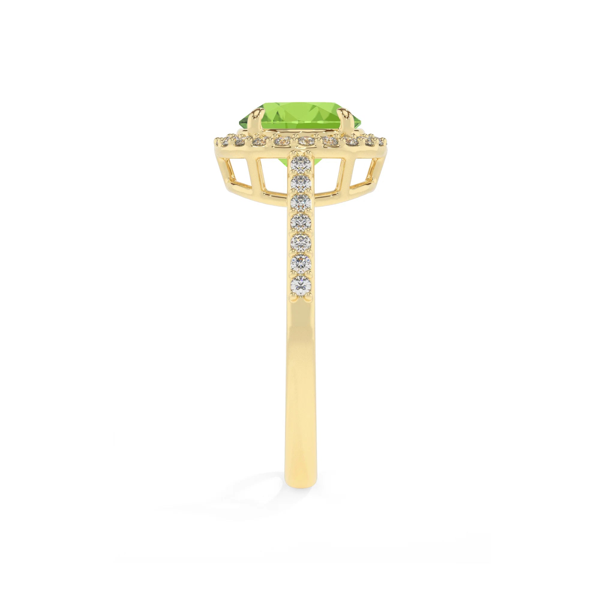 natural peridot round solitaire rings in yellow gold 
