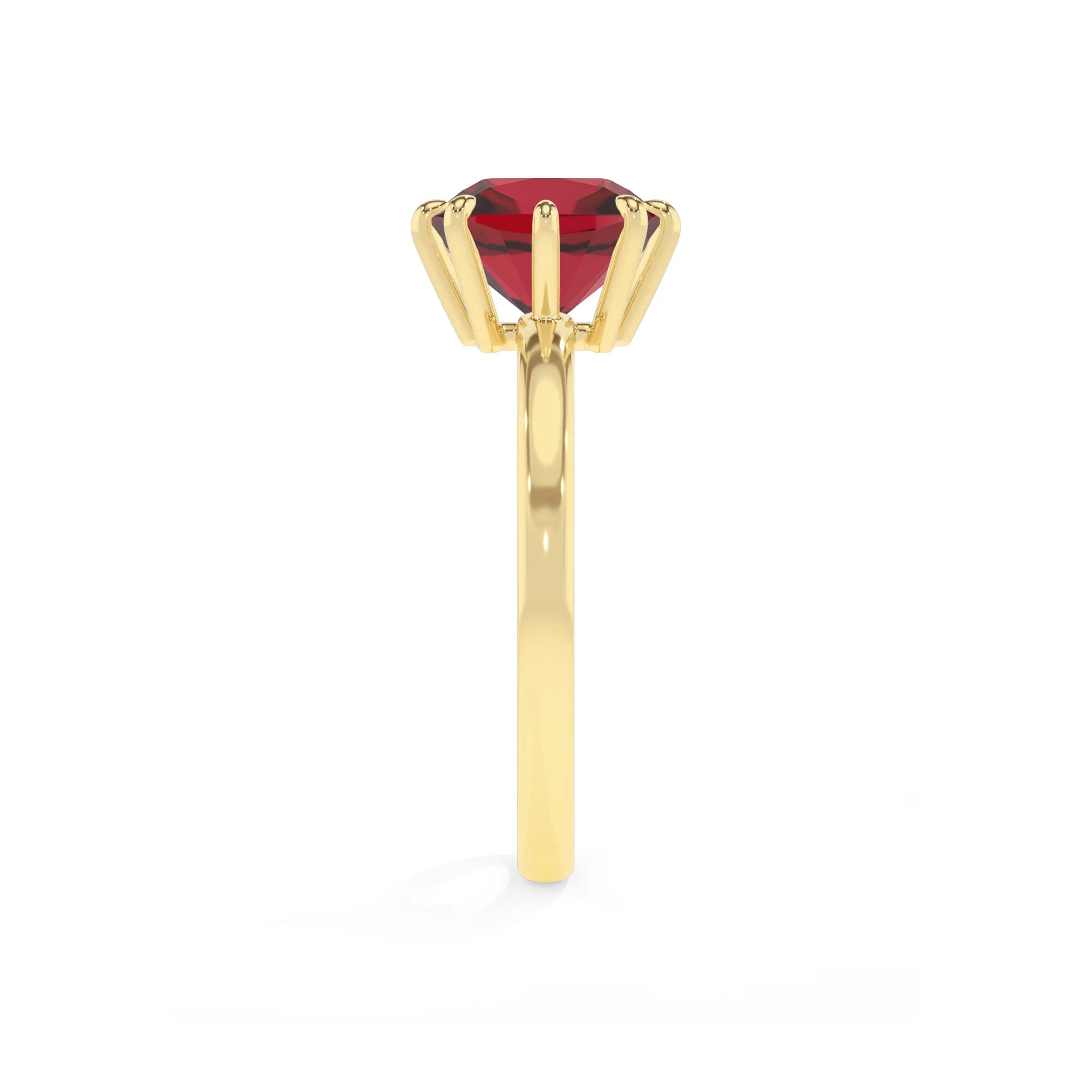 lab grown ruby cushion solitaire rings in yellow gold 