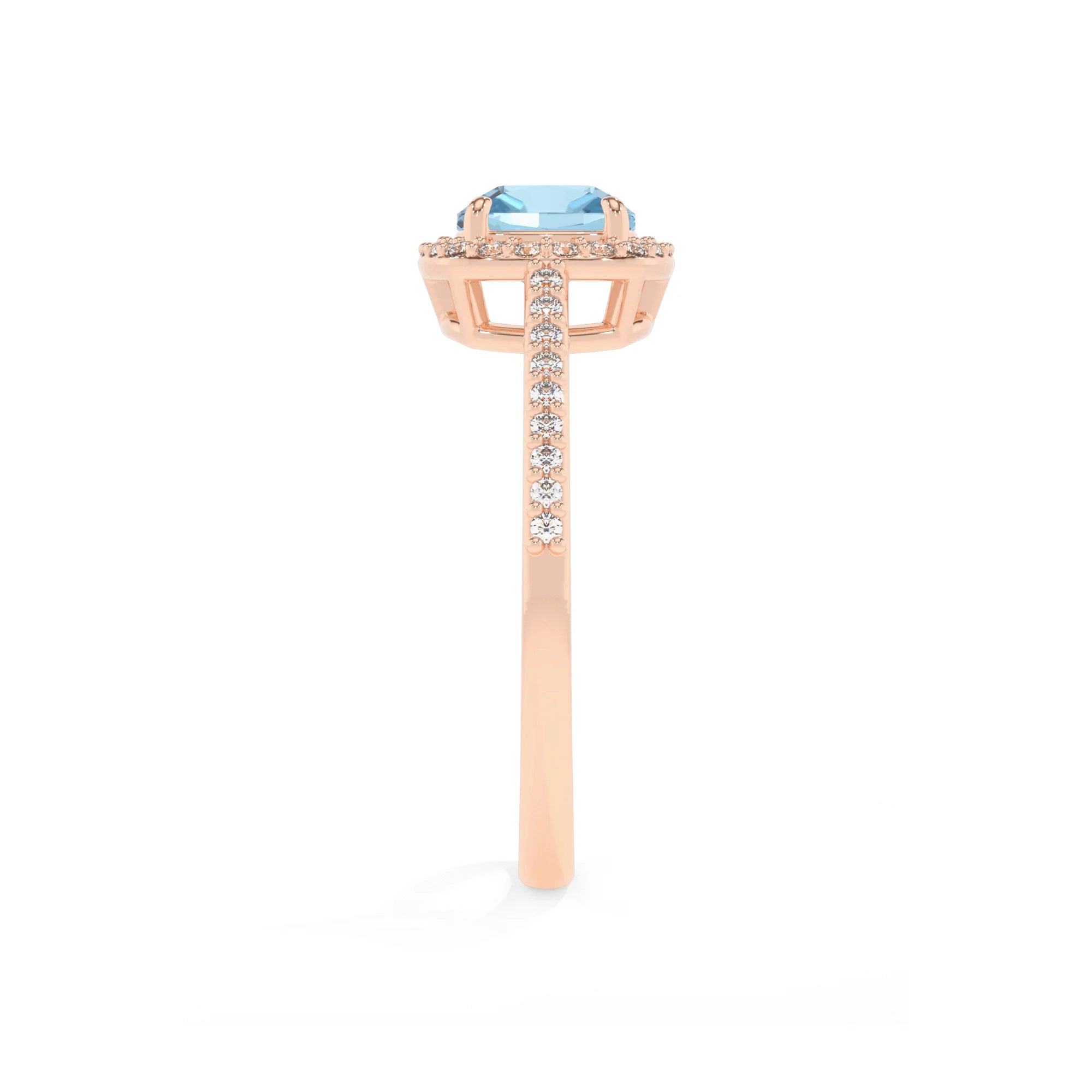 lab grown aquamarine cushion solitaire rings in rose gold 
