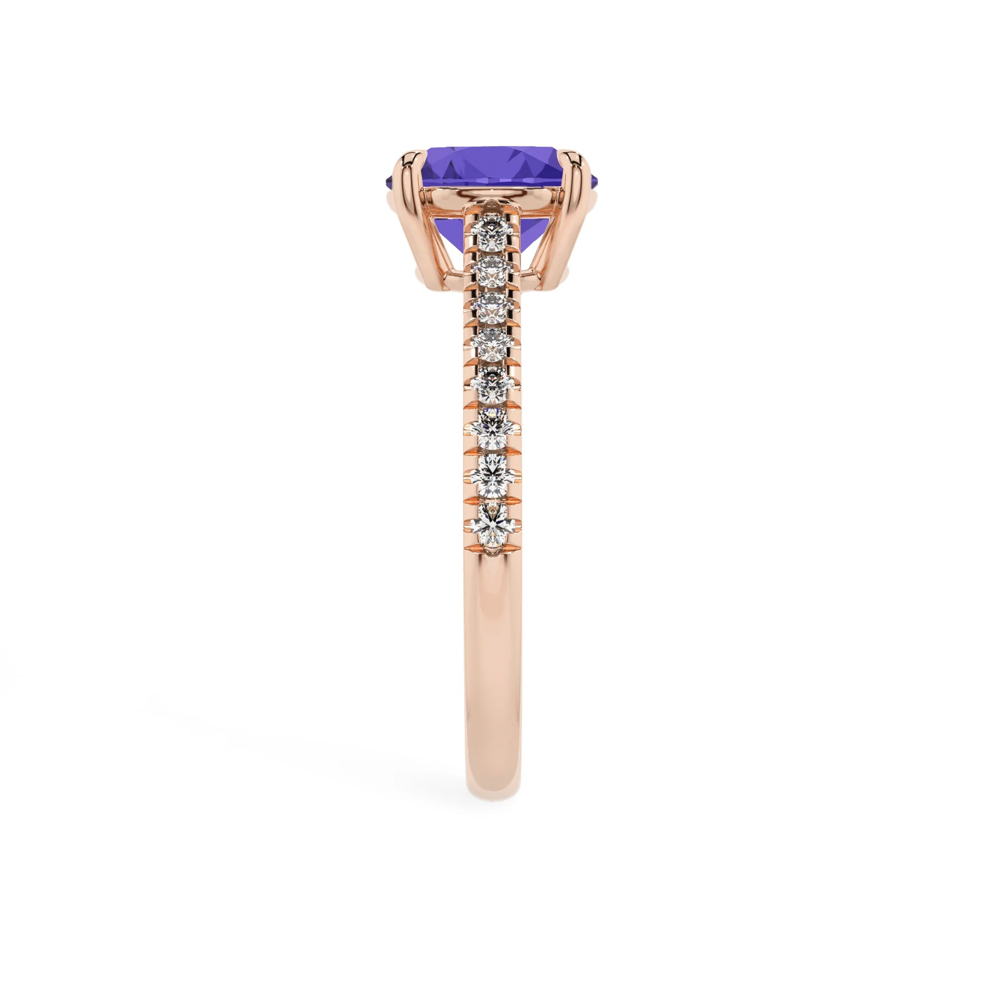 lab grown tanzanite round half eternity solitaire engagement rings in rose gold 