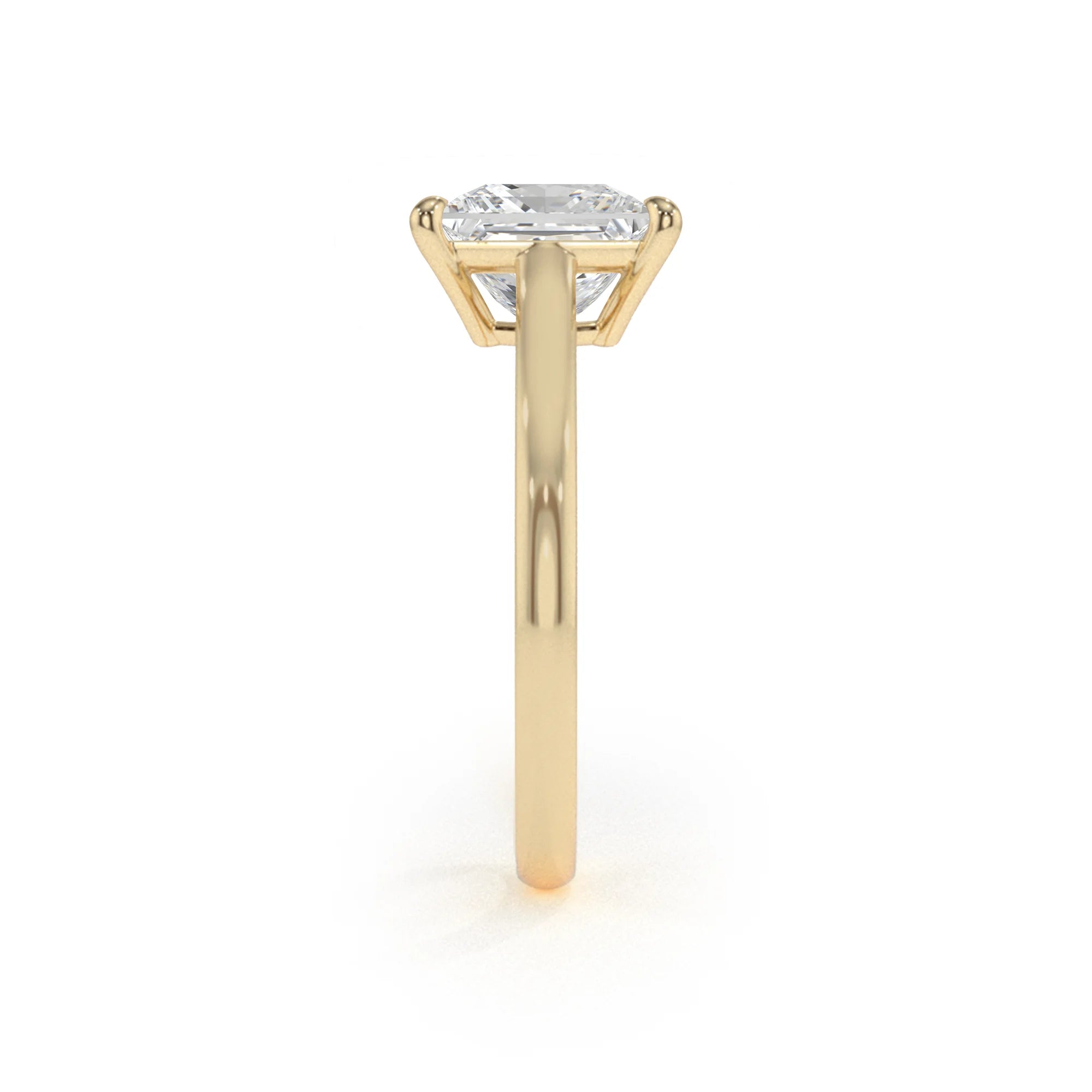 lab grown moissanite princess solitaire rings in yellow gold 