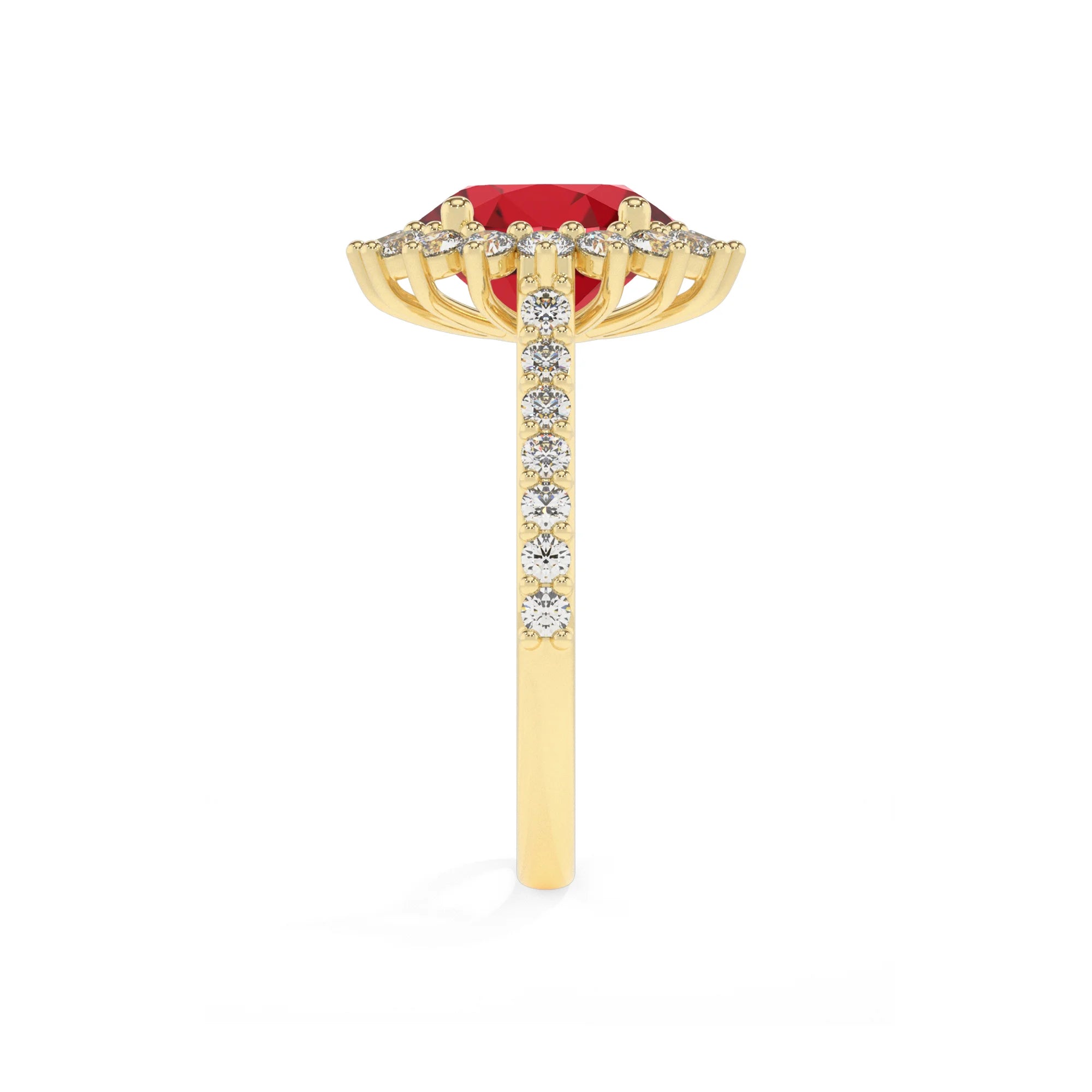 lab grown ruby round solitaire rings in yellow gold 