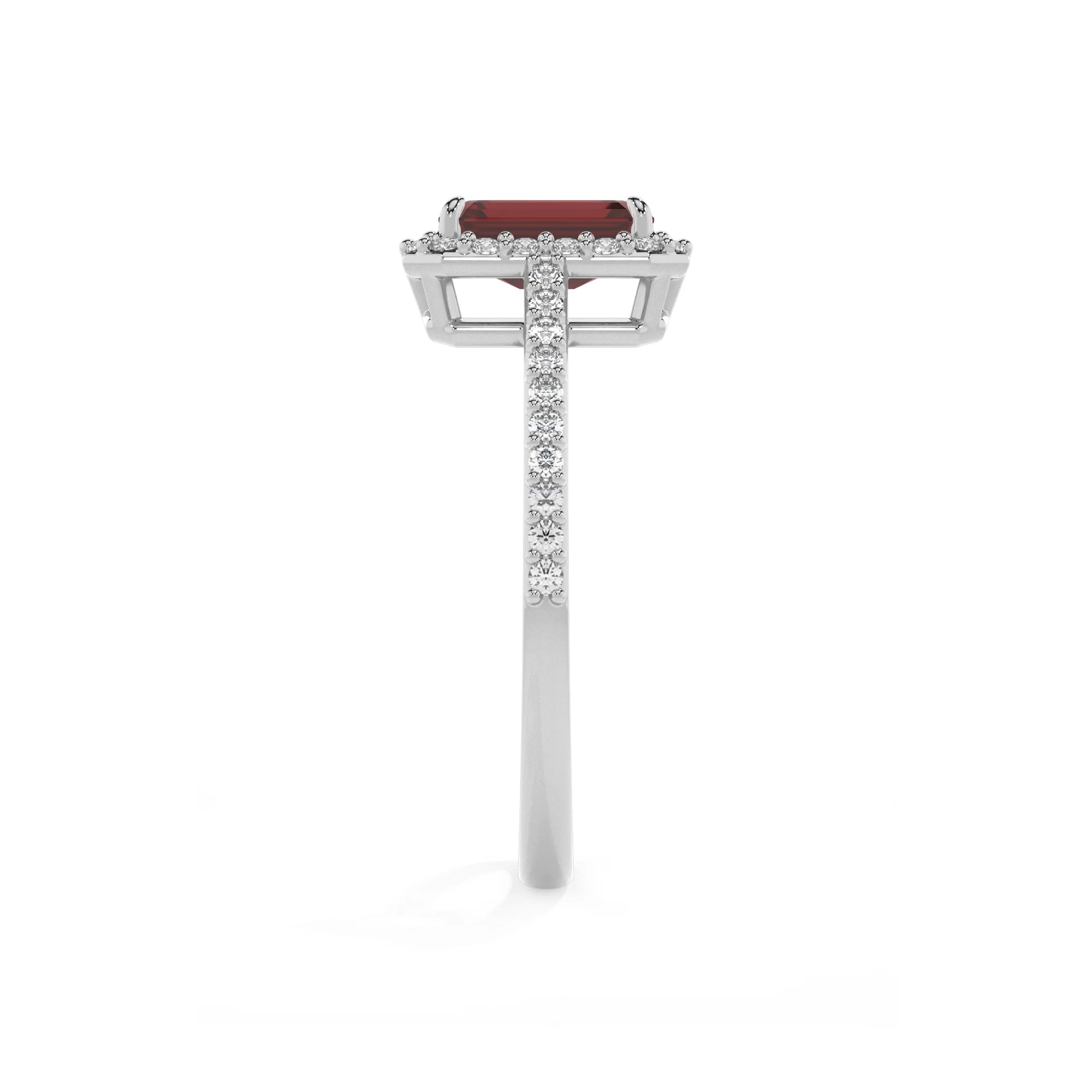 natural garnet emerald cut solitaire rings in platinum 