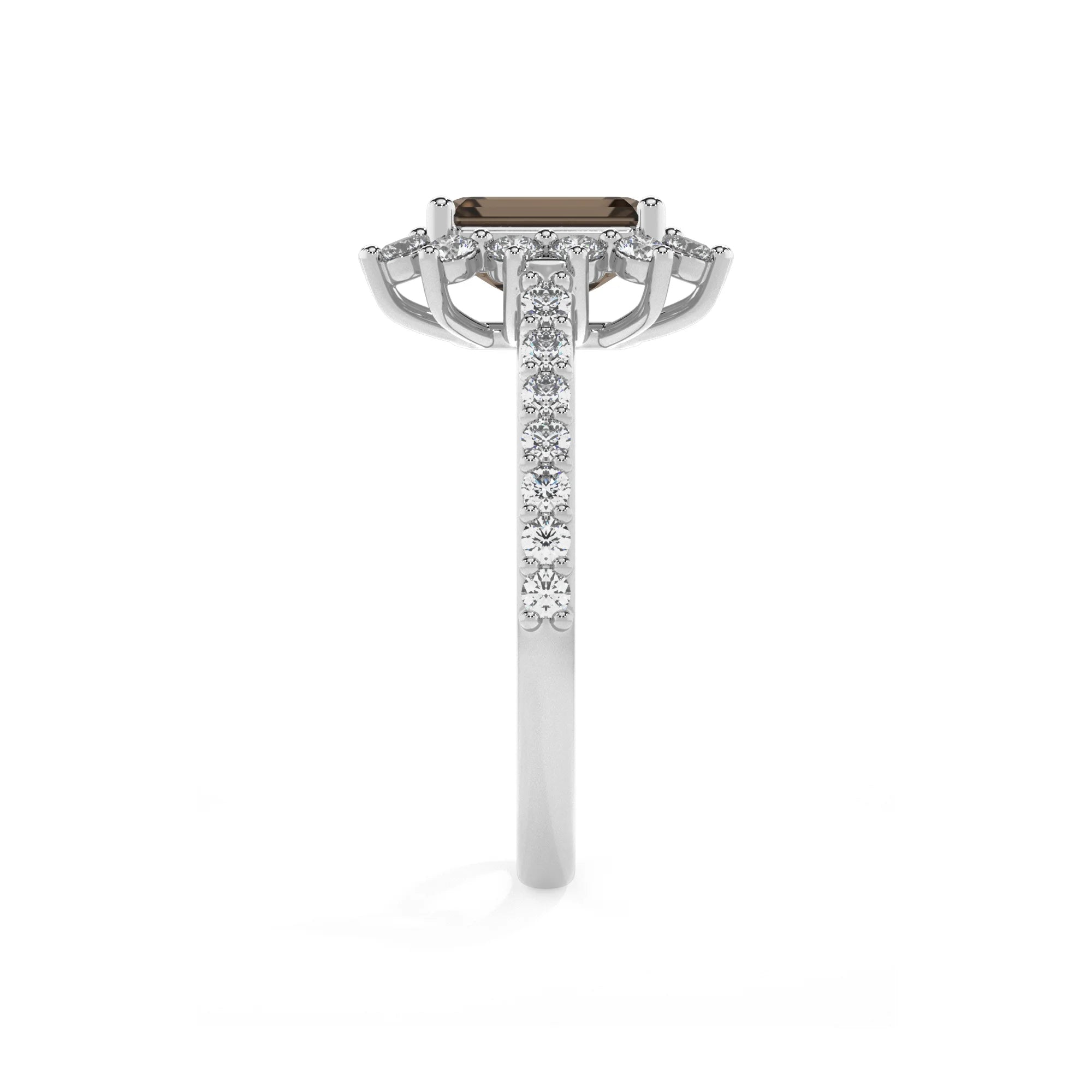 natural smoky-quartz emerald cut solitaire rings in white gold 