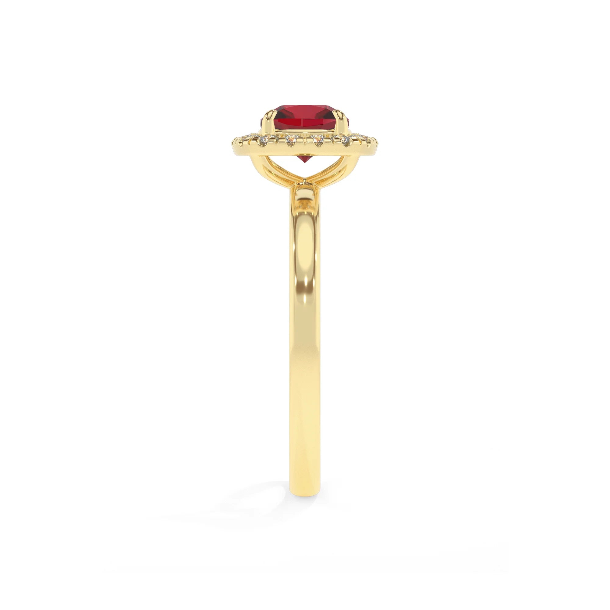 lab grown ruby cushion solitaire rings in yellow gold 