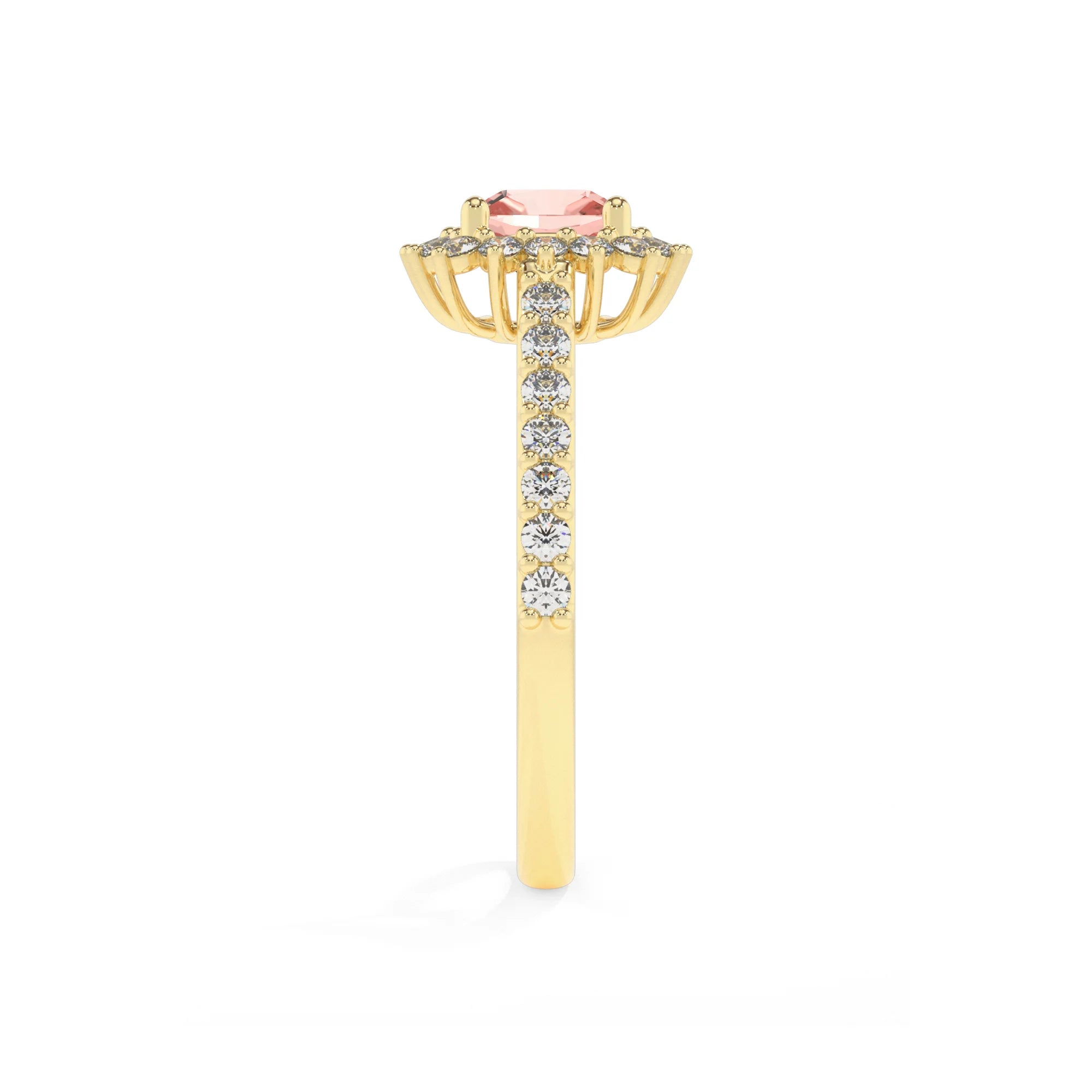 lab grown morganite cushion solitaire rings in yellow gold 