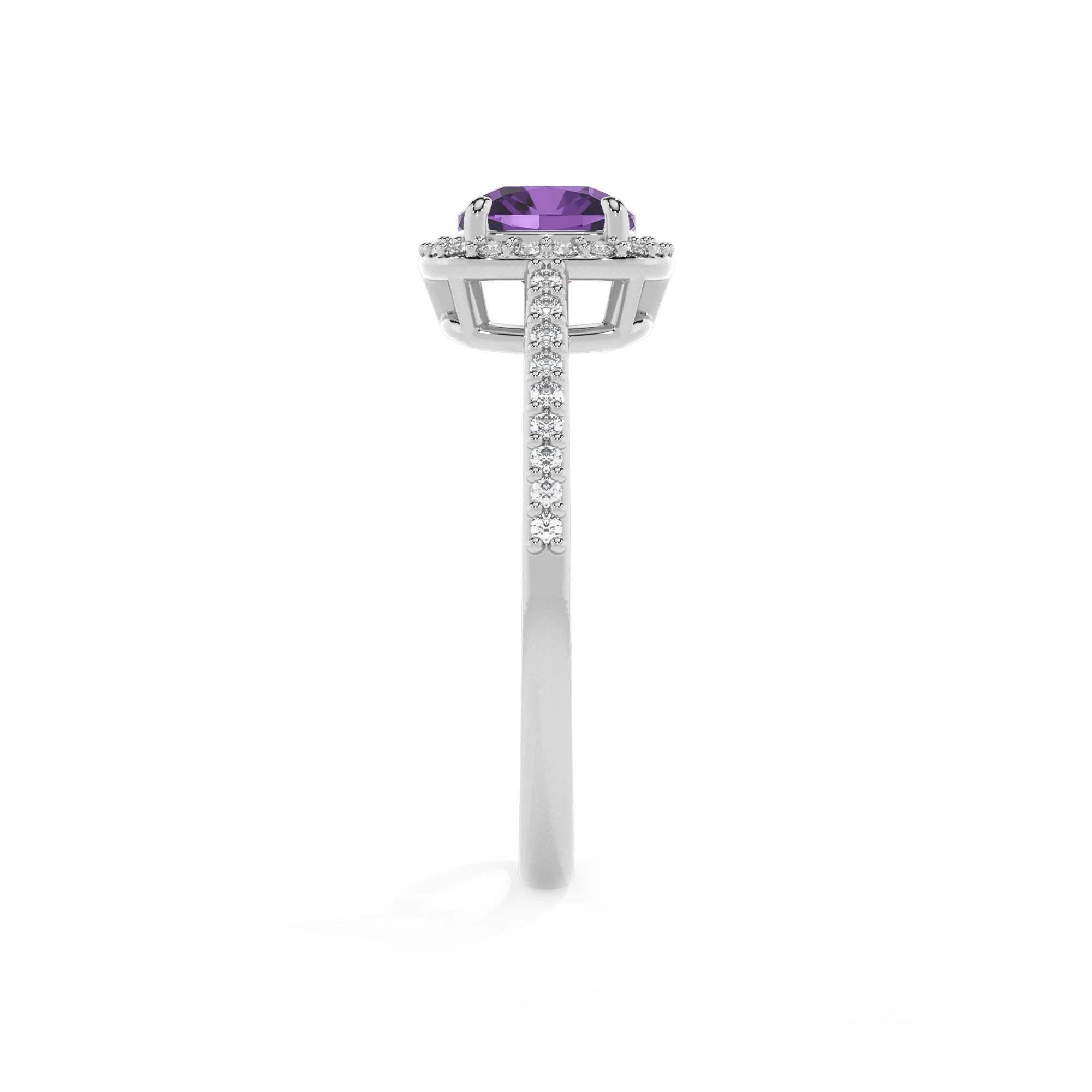 lab grown amethyst cushion solitaire rings in white gold 