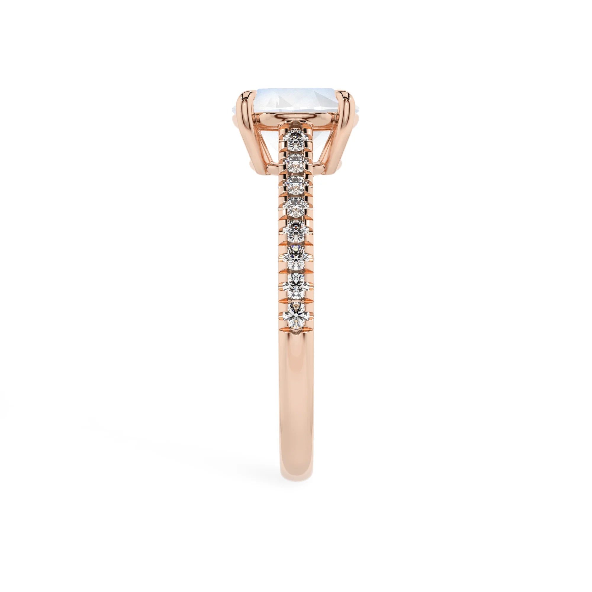 natural rainbow-moonstone round half eternity solitaire engagement rings in rose gold 
